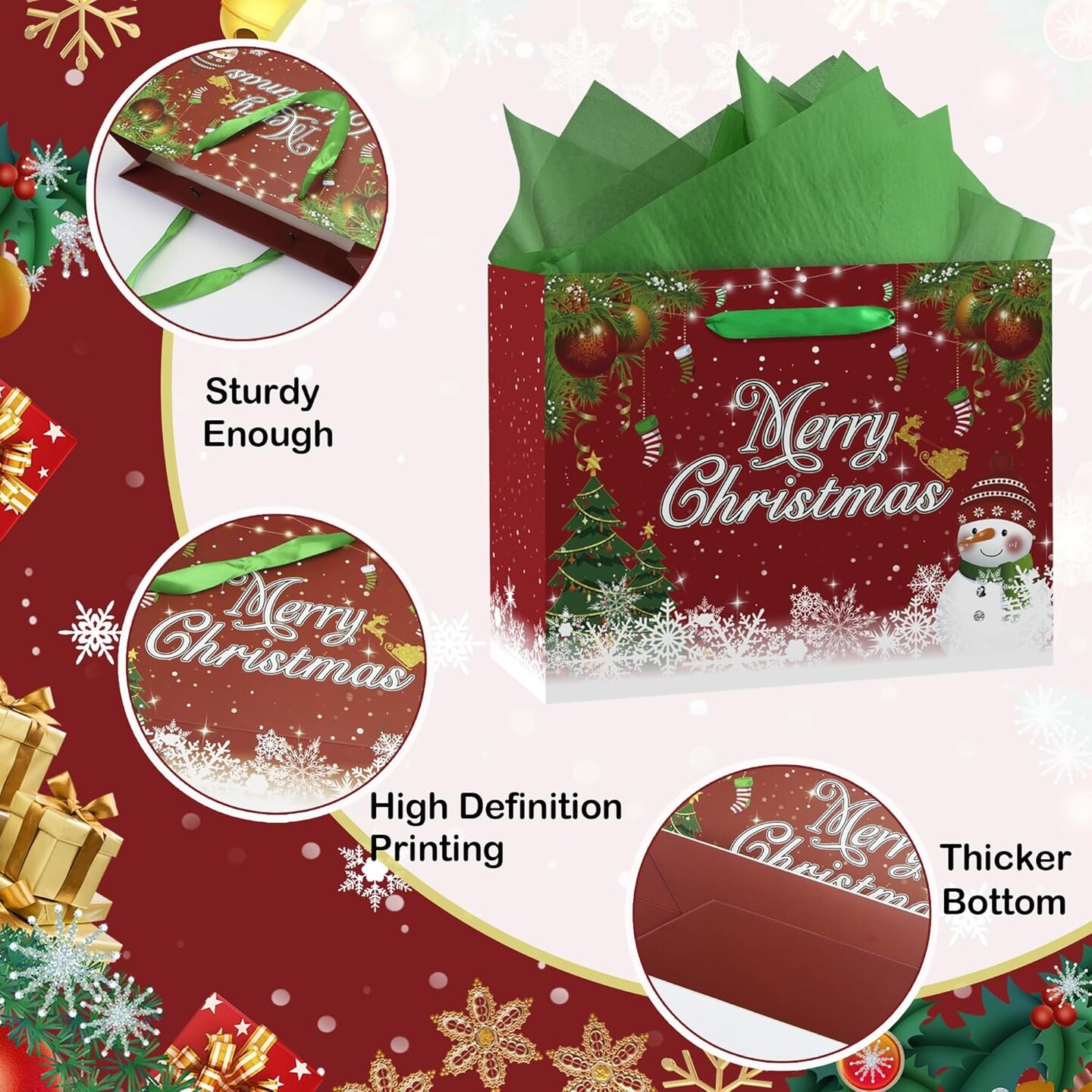 Christmas Gift Bags, Red Merry Christmas Bags with Card and Tissue Paper, Large Christmas Gift Wrapping Paper Christmas Treat Bag, Gift Bags for Christmas Party Decorations Supplies (Red)