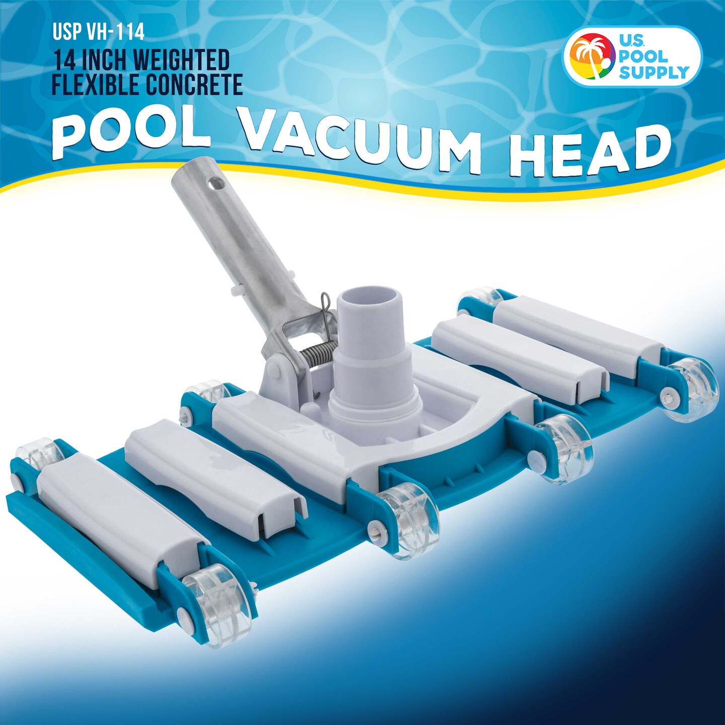 U.S. Pool Supply&#xAE; 14&#x22; Weighted Flexible Concrete Swimming Pool Vacuum Head, Swivel Hose Connection &#x26; Aluminum Spring Action Pole Handle - Connect 1-1/4&#x22; or 1-1/2&#x22; Hose