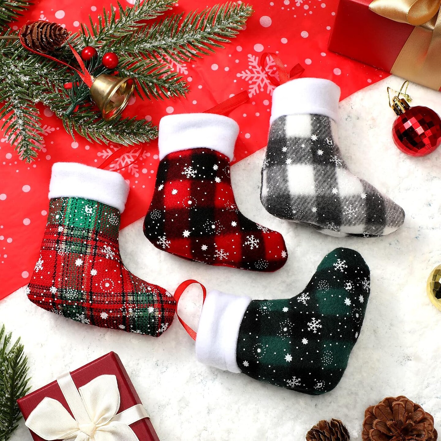 Mini Christmas Stockings Buffalo Plaid Snowflake Stockings with Plush Cuff Christmas Socks Bulk for Christmas Tree Hanging