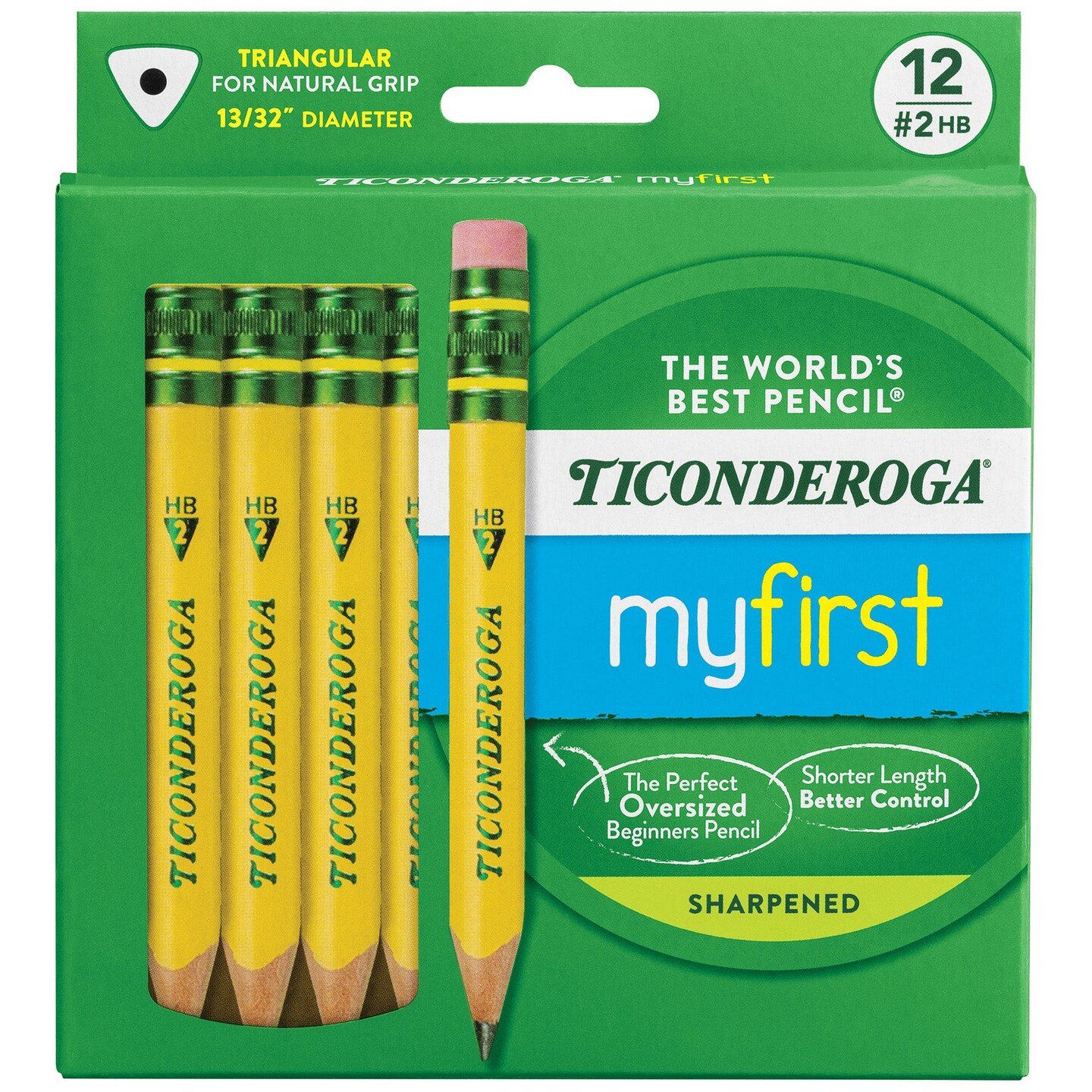 My First&#xAE; Short Wooden Pencils, Large Triangle Barrel, Sharpened, #2 HB Soft, With Eraser, Yellow, 12 Per Pack, 2 Packs