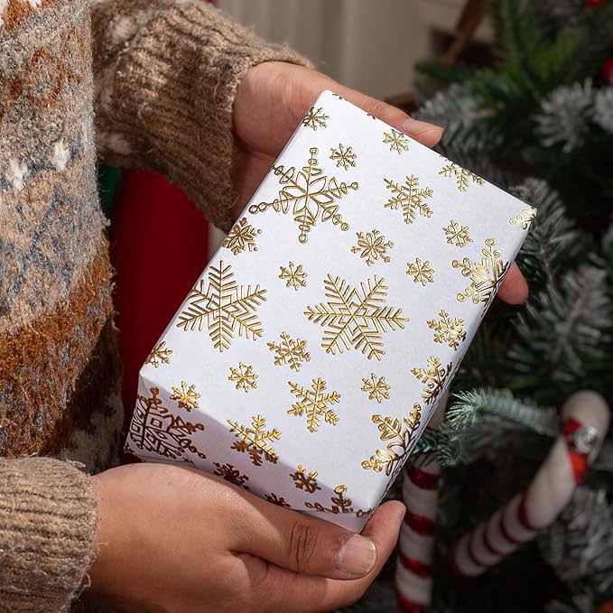 Embossed Gold Foil Snowflakes for Christmas, Winter Holiday, Party, New Year Celebration- 17in x 33ft