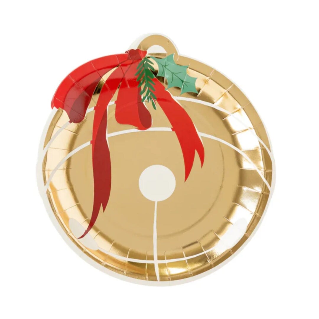 Festive Jingle Bell Shaped Holiday Plates with Gold Foil &#x26; Red Bow &#x2013; 7&#x22; Paper Plates &#x2013; Set of 8 for Christmas Parties