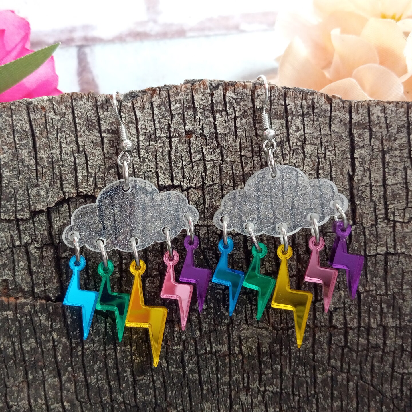 Lightning Bolt Rain Cloud Dangle Earrings, Glows in Black Light, Raindrops Weather Rave Jewelry, White Cloud Statement Earrings product 2