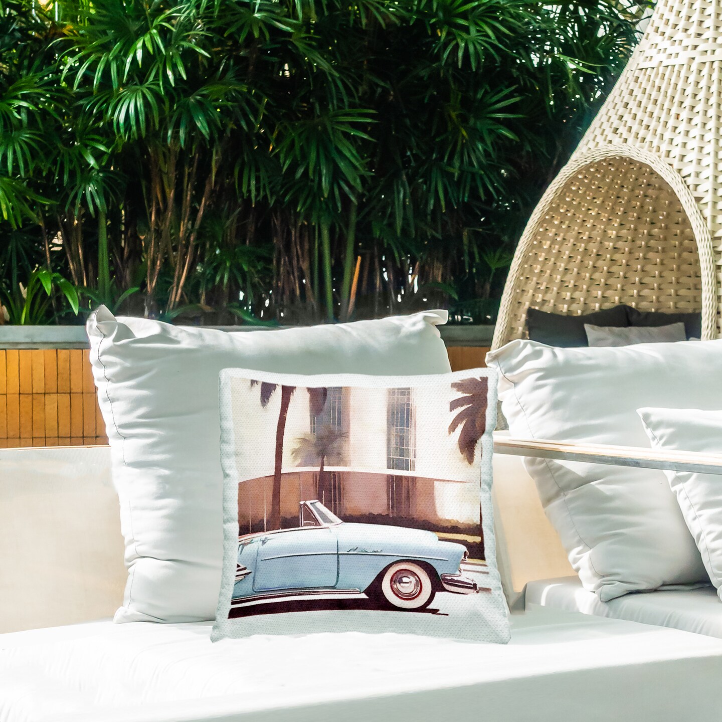 Tropical Café Del Mar Outdoor Printed Pillow Design by Noah Bay, 18 x 7 x 18