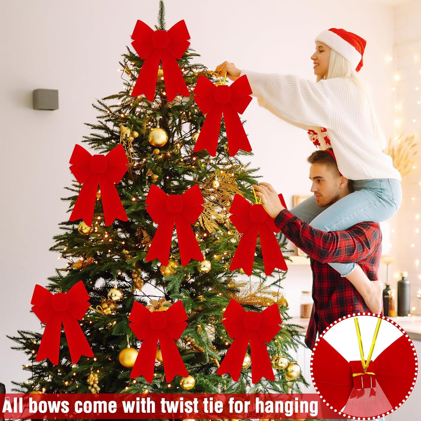 12 PCS Christmas Bows, PVC Christmas Tree Bows 5 x 8 Inches, Red Velvet Bows for Hanging Red Christmas Bows Outdoor Indoor Large Christmas Bows Xmas Decor Party Supplies Wreath Railing Fences