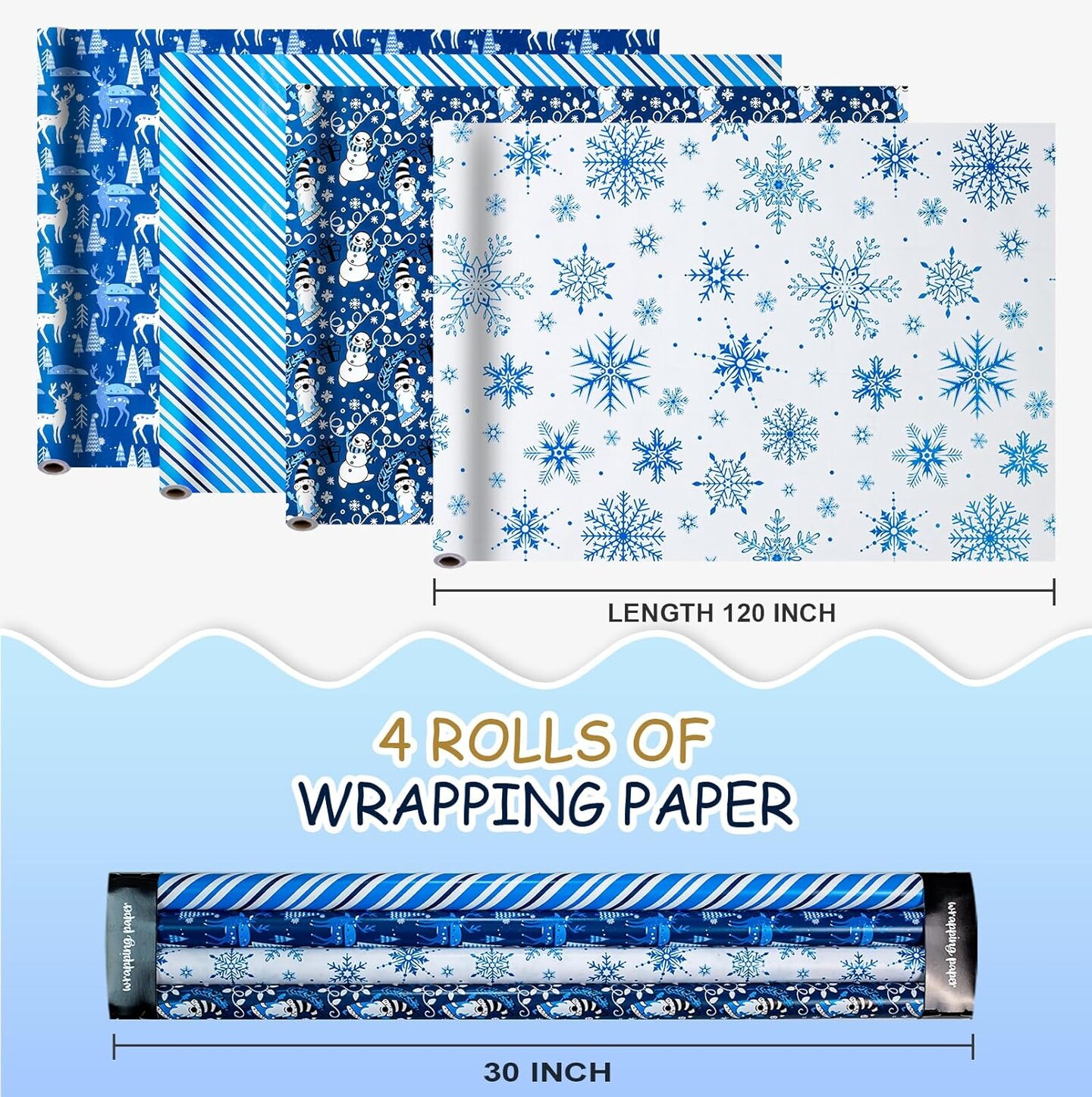 Jumbo Christmas Wrapping Paper Bundle with Gridlines-30 In X120 In-4 Roll-Snowmen &#x26; Santa Claus &#x26; Snowflakes &#x26; Reindeer &#x26; White Stripes &#x26; Tree for New Year,Birthday,Holiday
