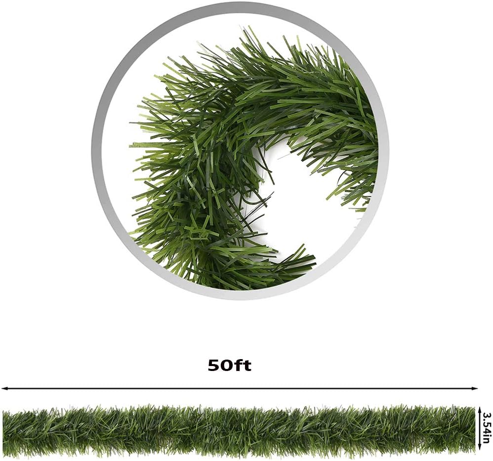 50 Feet Green Tinsel Garland Artificial Christmas Pine Decorative Garland Greenery Tinsel Stems Non-Lit Soft Twist Garland 12 Inch x 2Inch for Holiday Season Outdoor Indoor Party Decorations