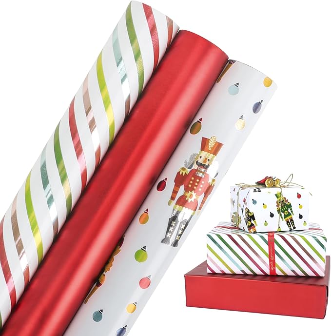 Christmas Wrapping Paper Rolls - Mini Roll, Christmas Stripes and Nutcracker Wrapping Paper Christmas, 3 Roll -17In*120In Per Roll