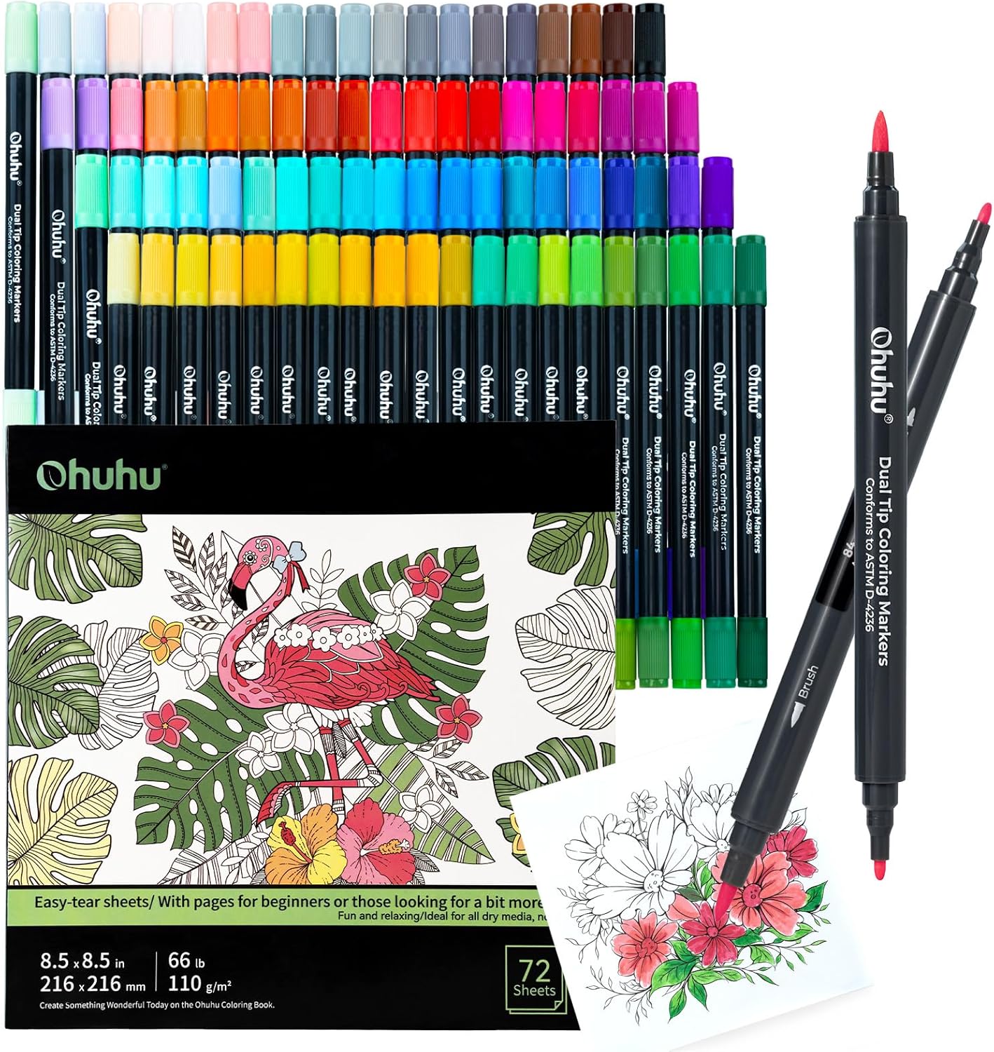 Ohuhu Markers Brush Tip 80-Colors with 72-Sheet Coloring Book - Double Tipped Markers for Adults Coloring Books - Art Marker Set Bundles with 100% Bleed-Proof Coloring Pages - Fine &#x26; Brush Dual Tips