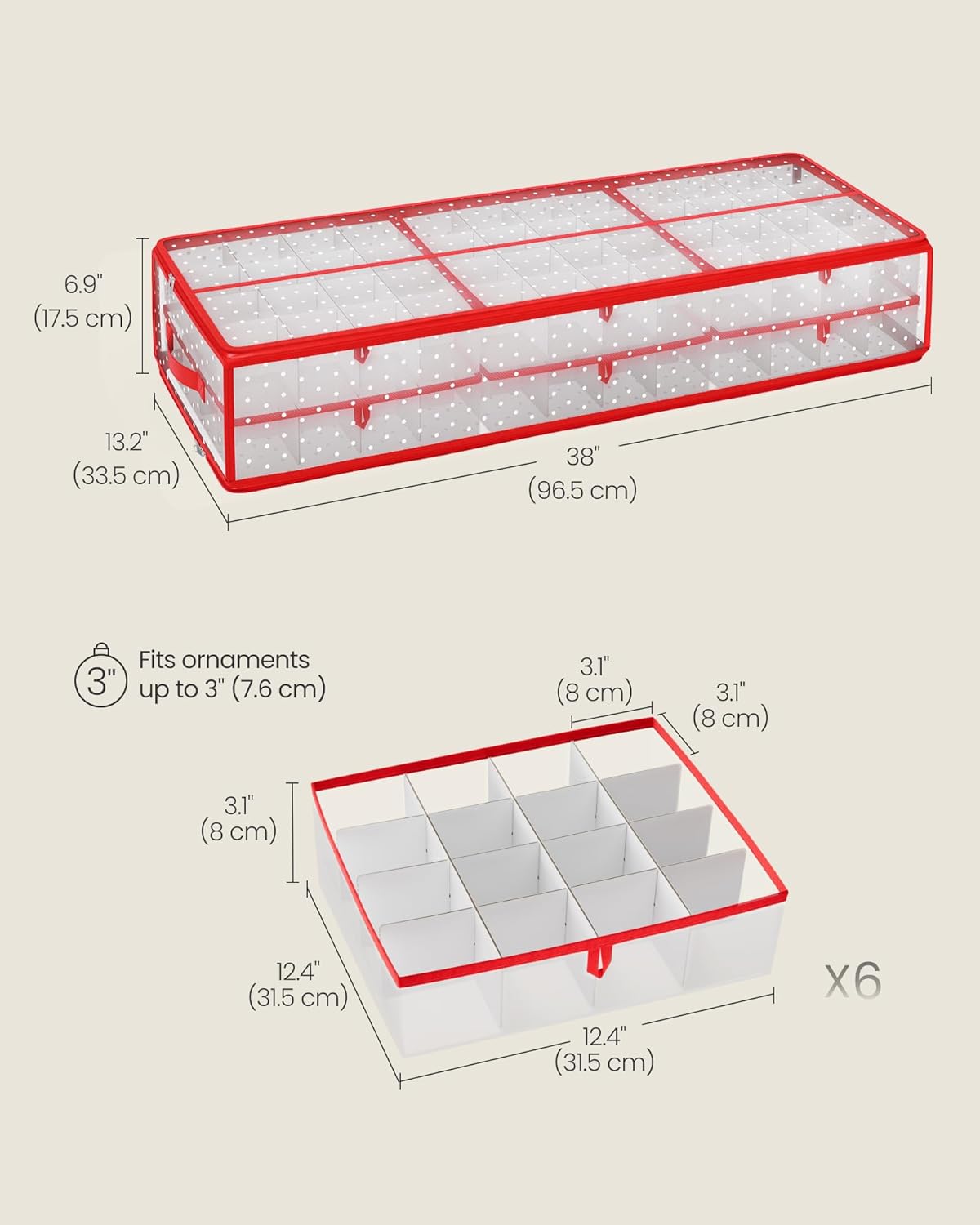 Christmas Ornament Storage Box, 96 Slots of 3 Inches, 38&#x22; L x 13.2&#x22; W x 6.9&#x22; H, Bauble Storage Box with Dividers, Zippers, Side Handles, Under the Bed, Cherry Red URFB031T02