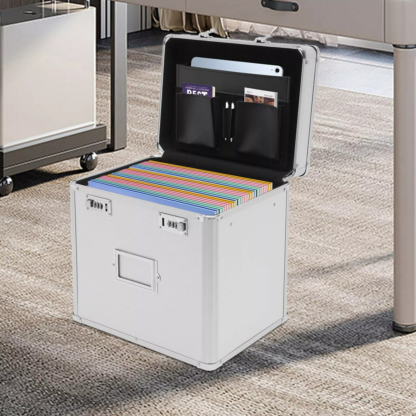 Portable File Cabinet Lock Storage Organizer Home Office Metal Box Mobile Drawer