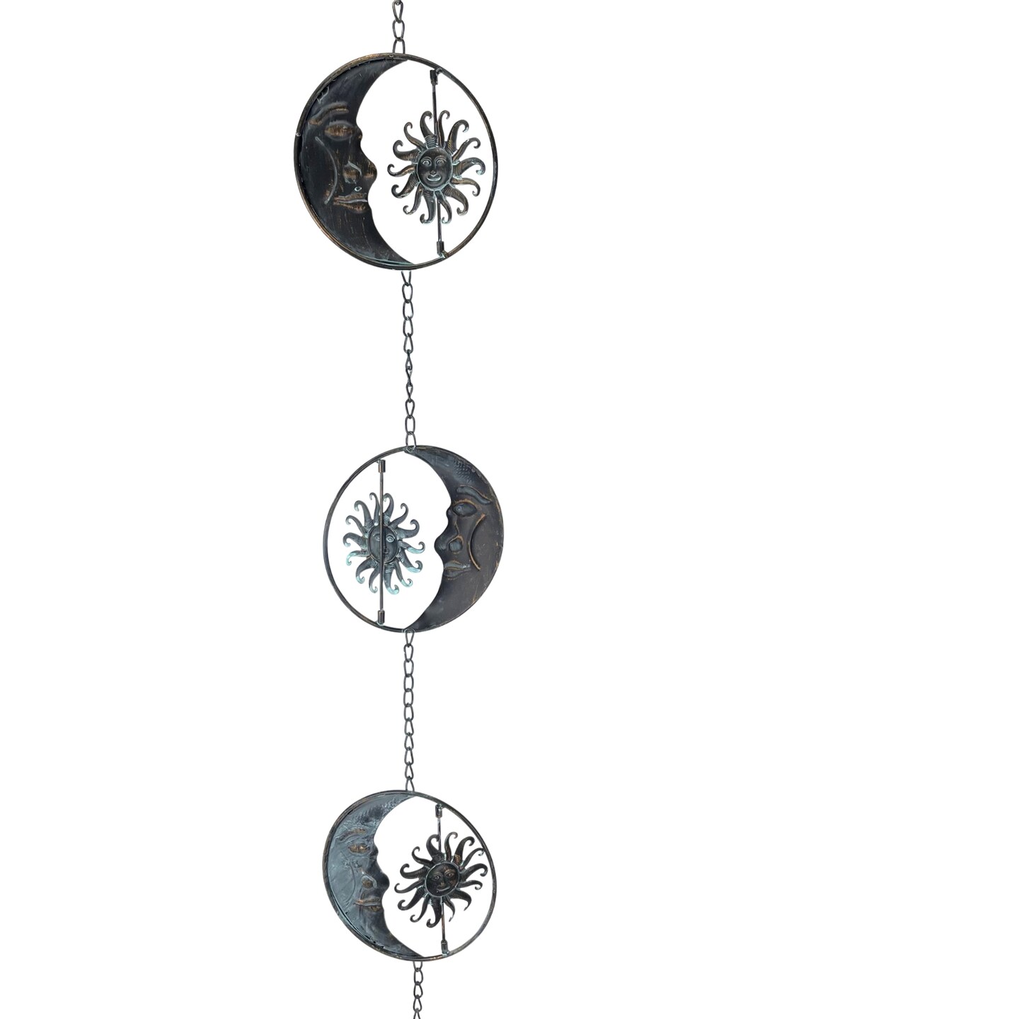 80-Inch Metal Rain Chain - 6 Celestial Crescent Moon &#x26; Suns, Aged Finish