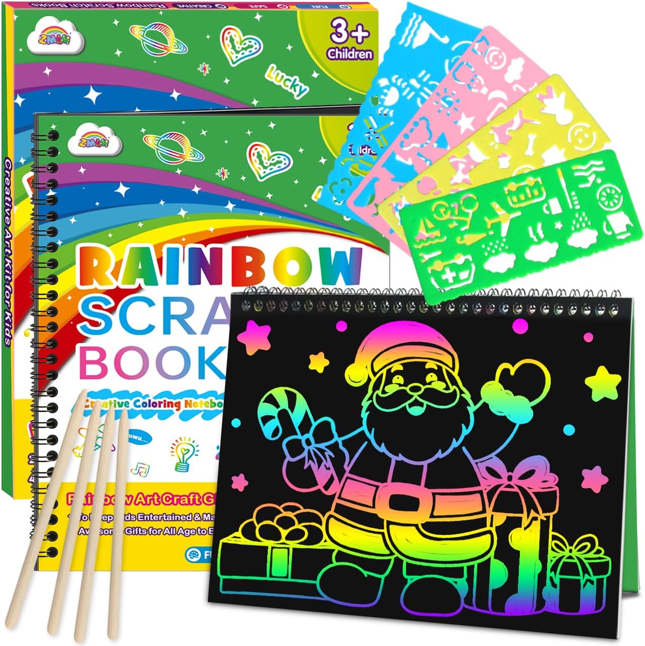 Scratch Paper Art Craft Christmas Gift: 2 Pack Rainbow Scratch Art Set for Kids Drawing Coloring Craft Black Magic Art Supplies Kits for Girls Boys Birthday Easter Christmas Craft Toys