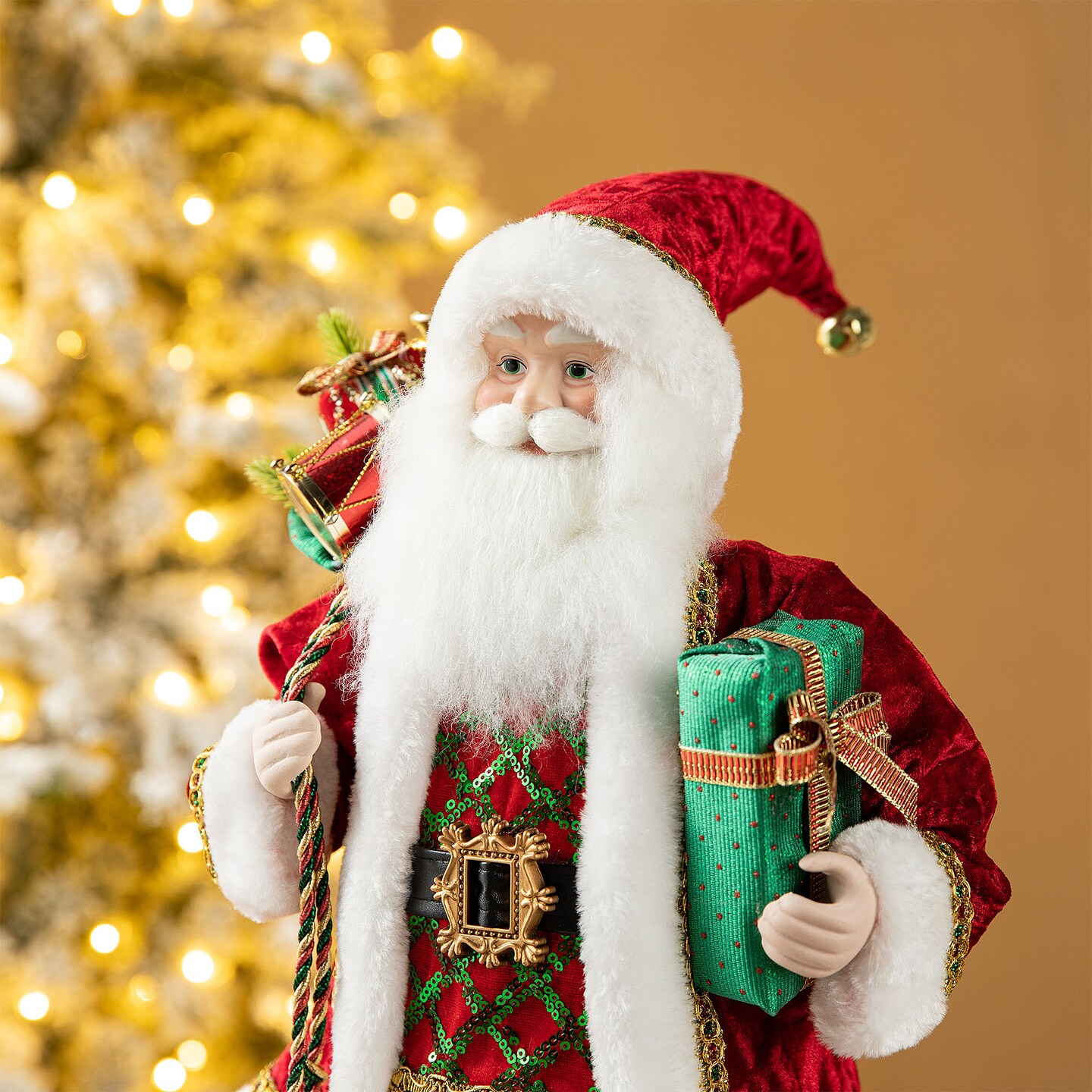18&#x22;H Faux Fur Christmas Decor Santa Figurine with Porcelain Face
