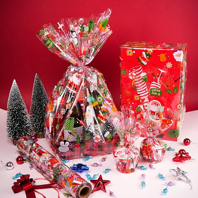 100 Ft X 32 in Christmas Cellophane Wrap Roll Christmas Cellophane Bags Xmas Cellophane Wrap with Special Santa Claus Elk Christmas Tree for Christmas Gift Basket, Treat Wine(Christmas Pattern)
