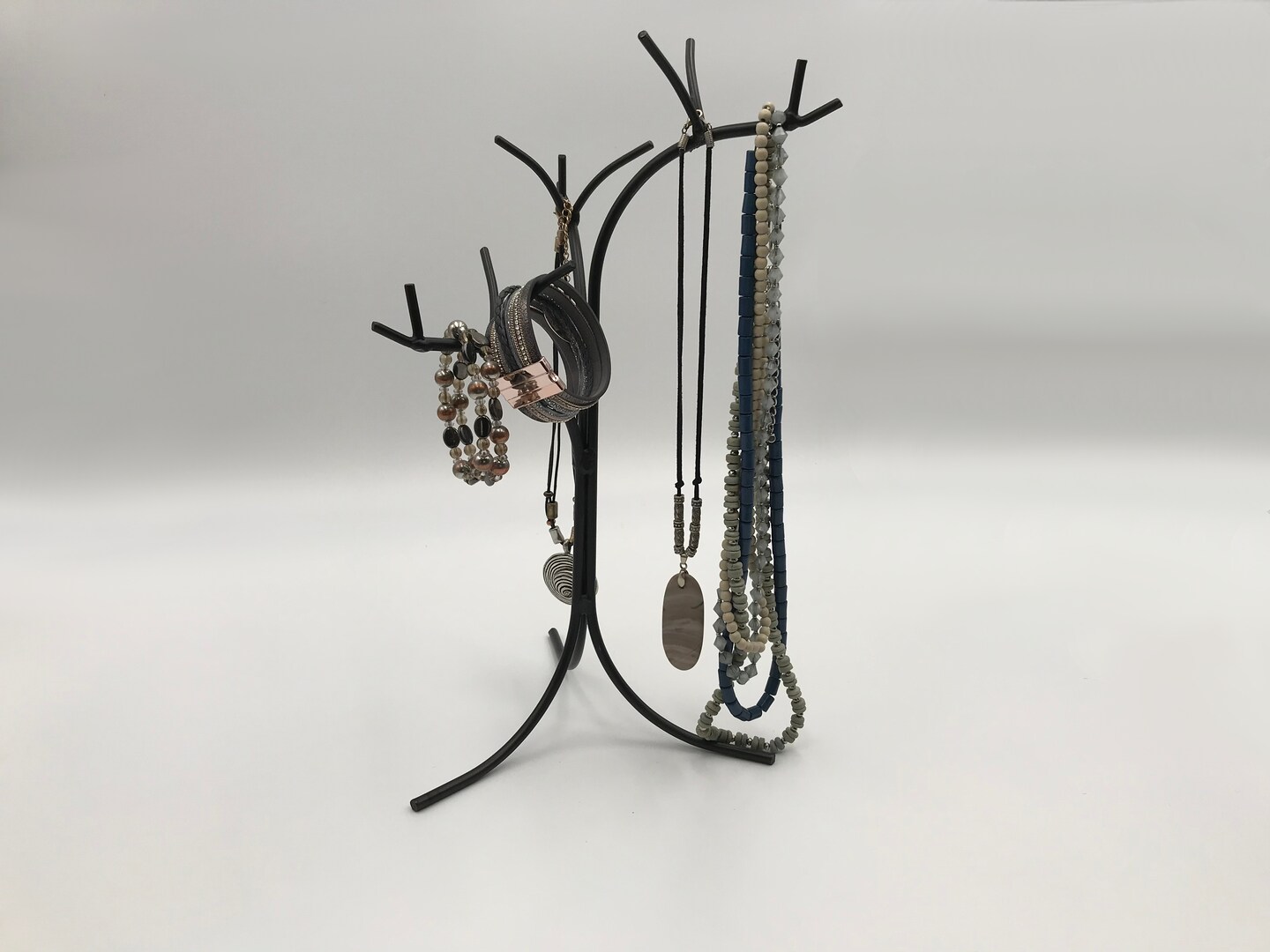product name is Amish Made Wrought Iron Necklace and Bracelet Tree Stand – Jewelry Organizer with Hooks- Amish Made