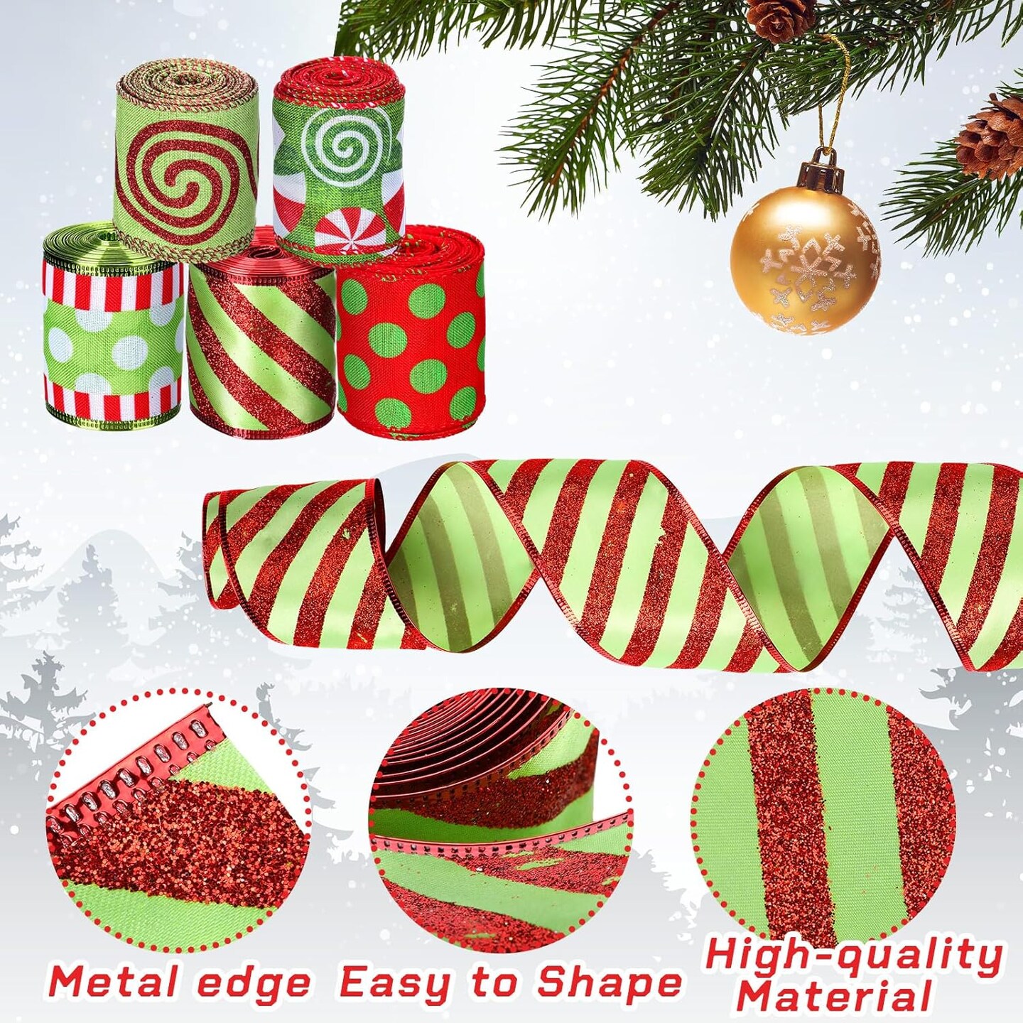 6 Rolls Christmas Polka Dot Ribbon 36 Yard Red and Lime Green Christmas Wired Ribbon 2.56 Inch Wide Fabric Wrapping Ribbon Xmas Decorative Ribbons for DIY Crafts Tree Decorations