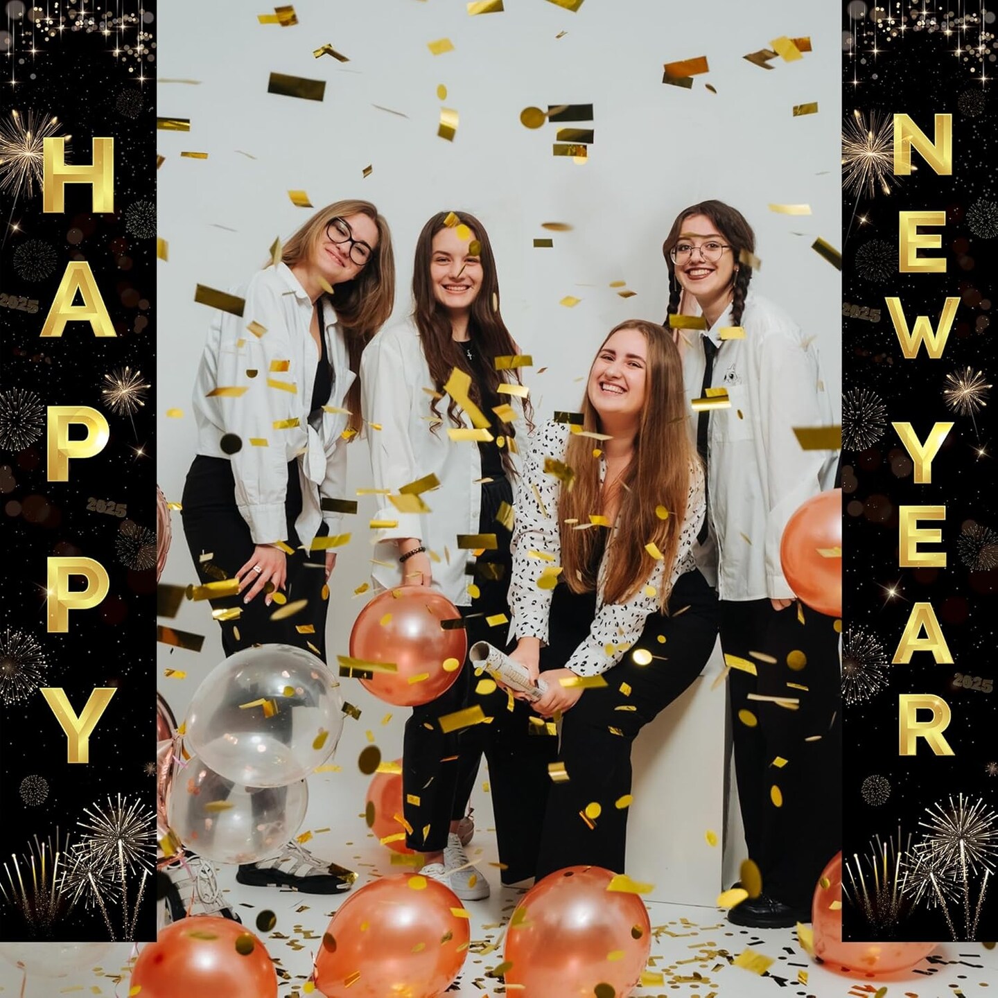 Happy New Years Decorations 2025 - Black and Gold New Years Eve Party Supplies