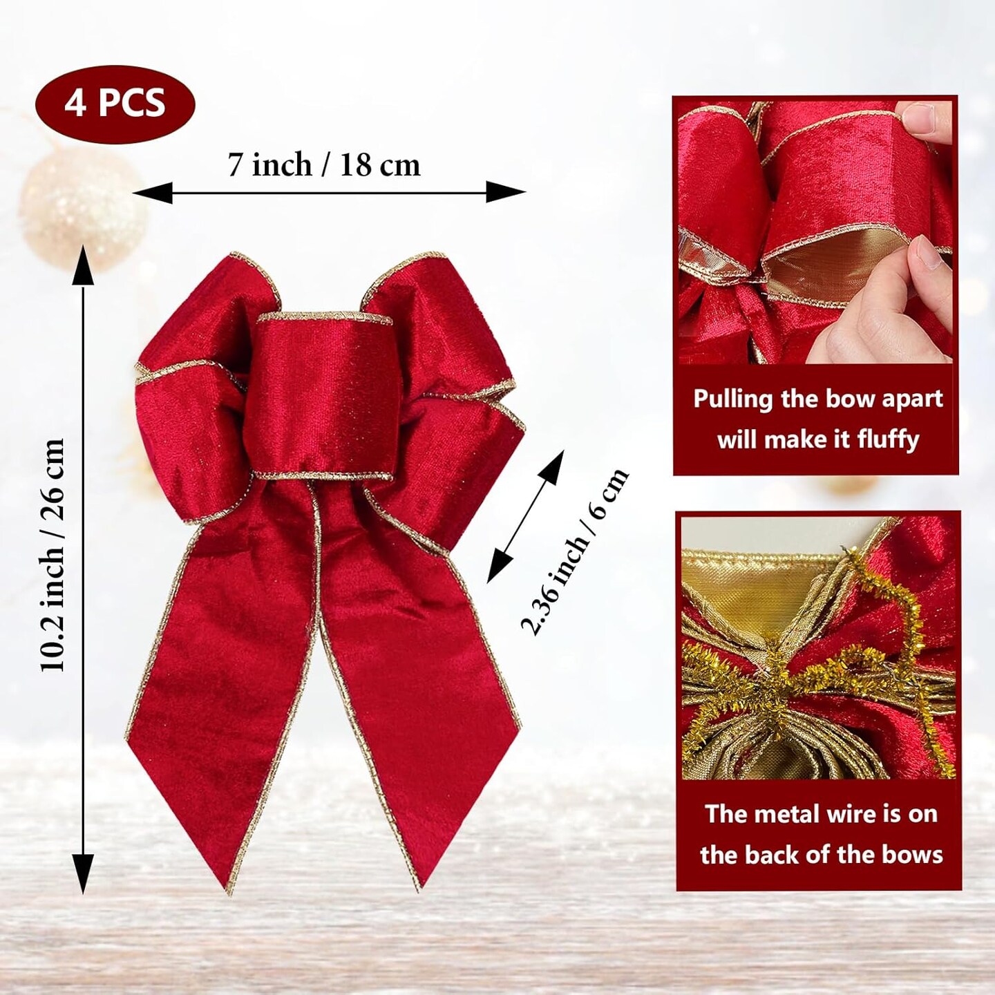 4 Pack Christmas Bows Decor Red Bows Christmas Tree Red Velvet Fabric Bows Can Christmas Tree Fireplace Decoration Railing Christmas Bows for Wreaths (Red)