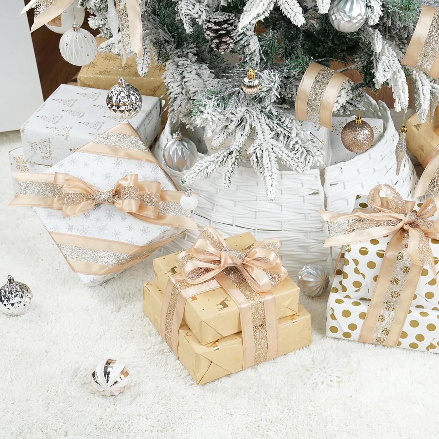 Champagne Gold Christmas Ribbon Wired 2.5&#x22; x 10 Yard Champagne Wired Satin Ribbon with Glitter Mesh Wired Ribbon for Christmas Tree Topper Bows, Wreaths, Crafts, Home Decor, Gift Wrapping