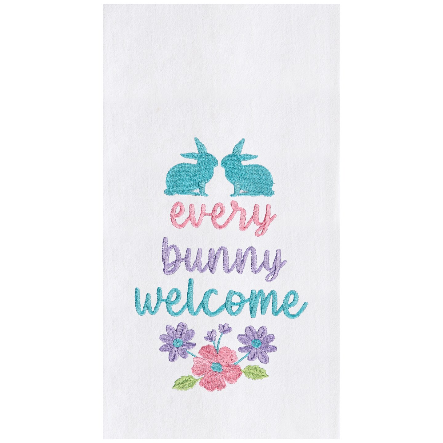 "Every Bunny Welcome" Spring Easter Rabbit Embroidered Cotton Flour Sack Kitchen Dishtowel