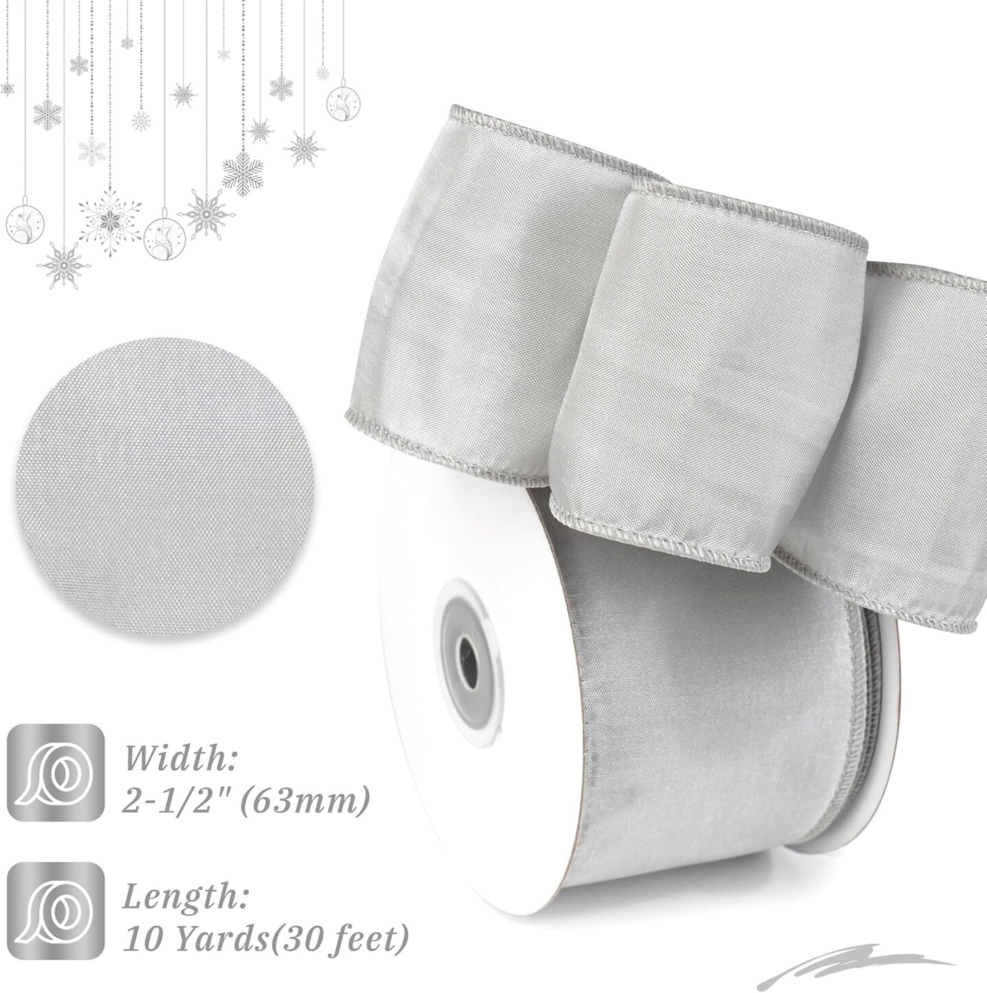Silver Wired Ribbon 2.5&#x22; x 10 Yard Silver Gray Wired Christmas Tree Ribbon for Bows Making Silver Ribbon for Gift Wrapping, Wreaths, Crafts, Home Decor, DIY Crafts