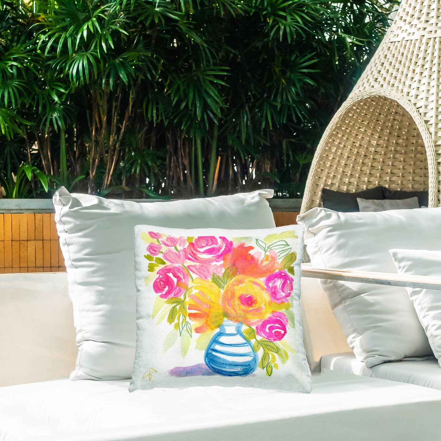 Pink & Yellow Bouquet Outdoor Printed Pillow Design by Suzanne Allard, 18 x 7 x 18