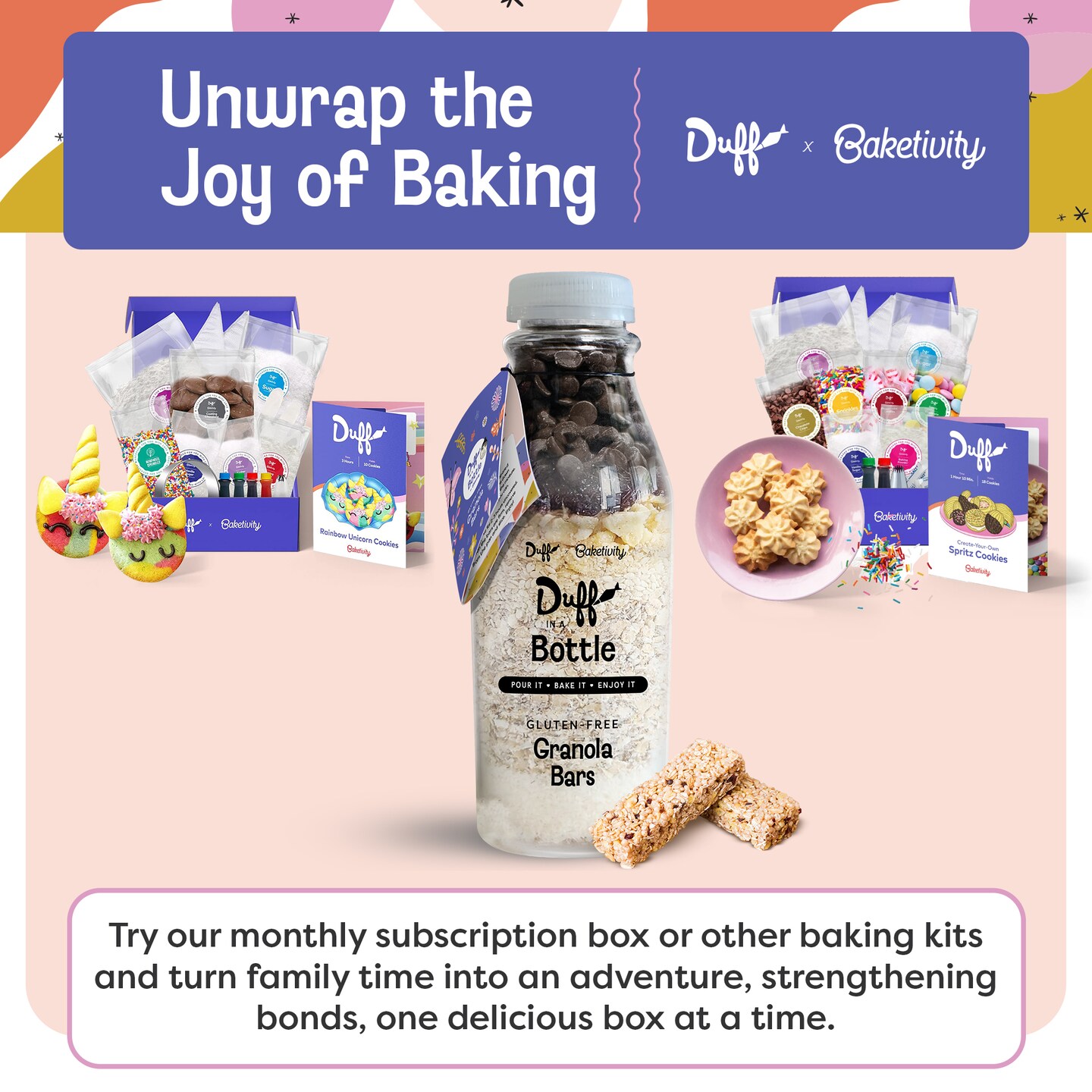 Baketivity Chocolate Granola Mix- Duff in a Bottle Granola Bar Baking Kit for Kids and Adults - Premeasured Ingredients like Oats, Banana Chips, Vanilla Sugar, Unsweetened Coconut, and Chocolate Chips