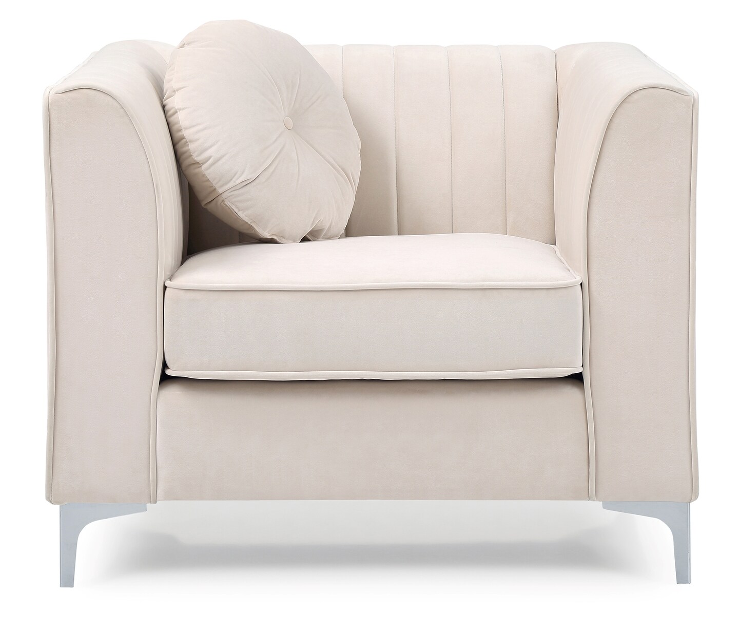 Contemporary Home Living Tufted Channel Quilted Velvet Accent Chair with Round Throw Pillow - 40&#x22; - Beige