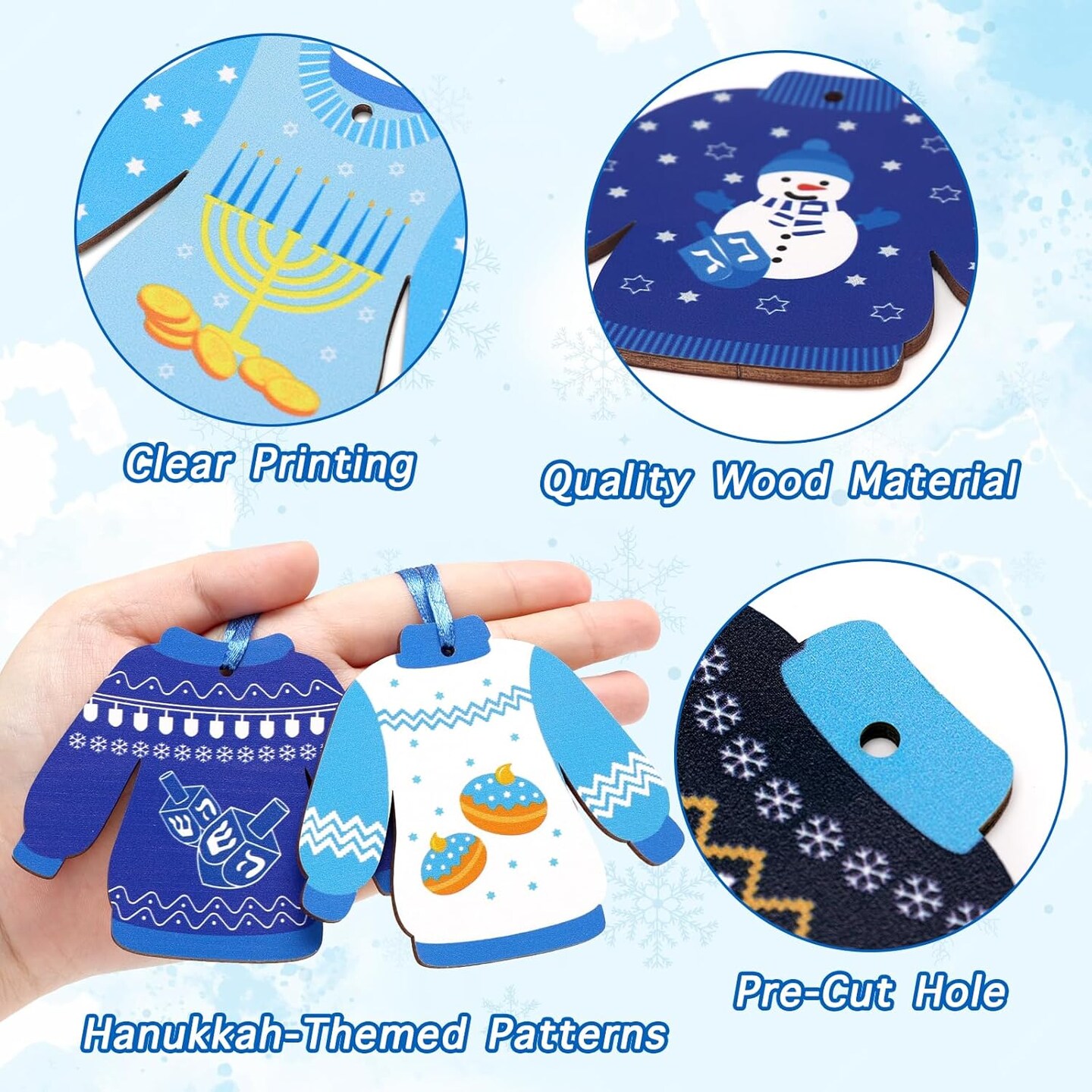 Hanukkah Wooden Ornaments Ugly Sweater Decor Jewish Menorah Dreidel Stars of David Chanukah Hanging Decoration Winter Sweater Pendant for Christmas Tree Decor Party Favors 12pcs