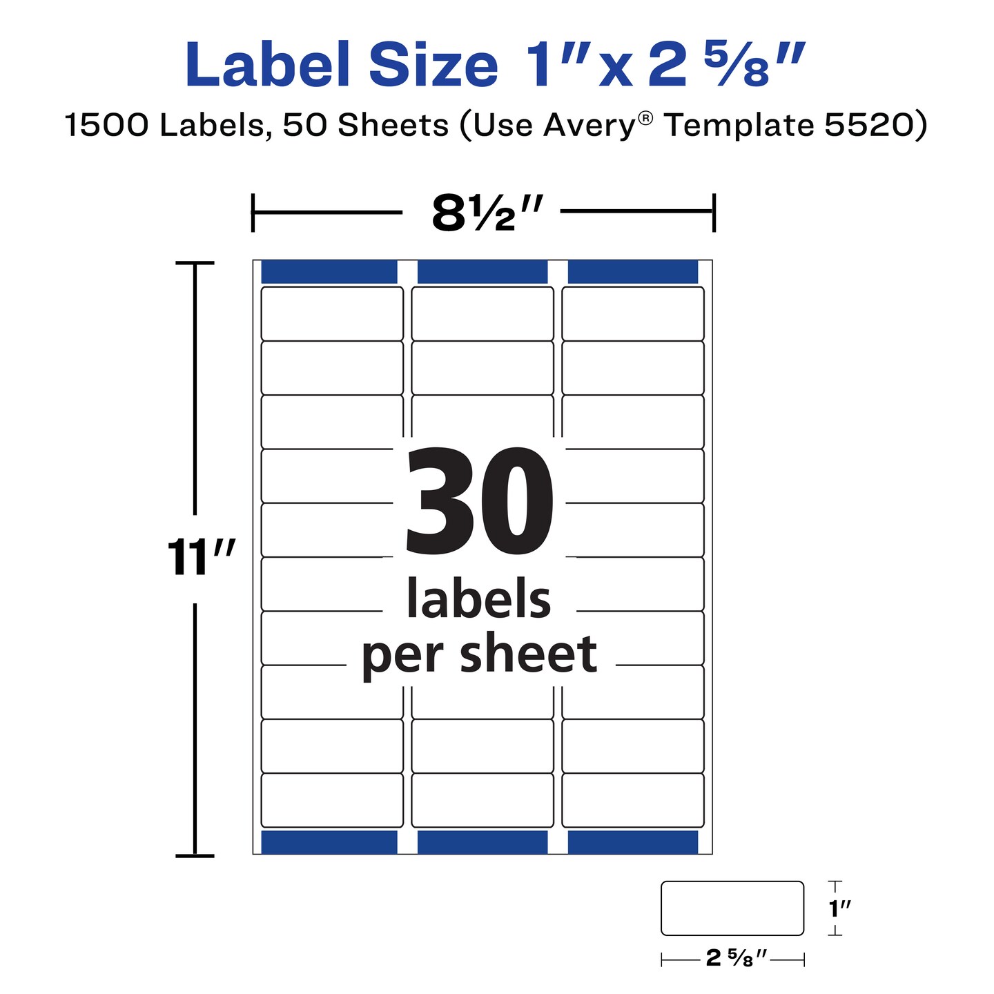 Avery Waterproof Printable Address Labels with Sure Feed, 1&#x22; x 2-5/8&#x22;, White, Ultrahold Permanent Adhesive, Laser Printers, 1,500 Blank Mailing Labels (5520) - 5 Pack