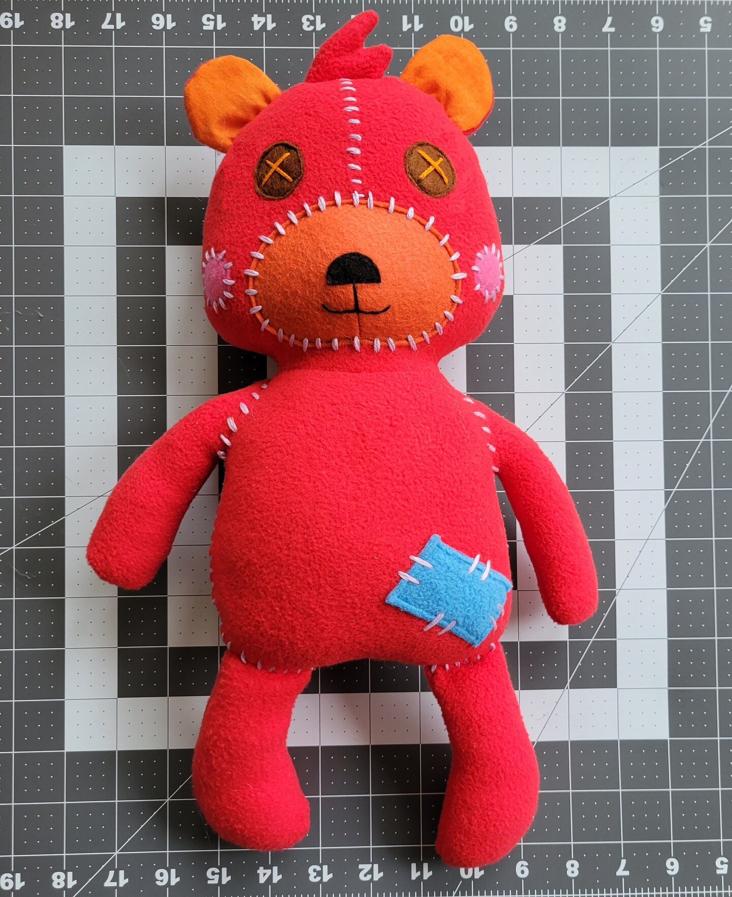 ハンドメイド テディベア Melon Melon Red Stuffed Animal Plush with Patches and Stitches, Handmade