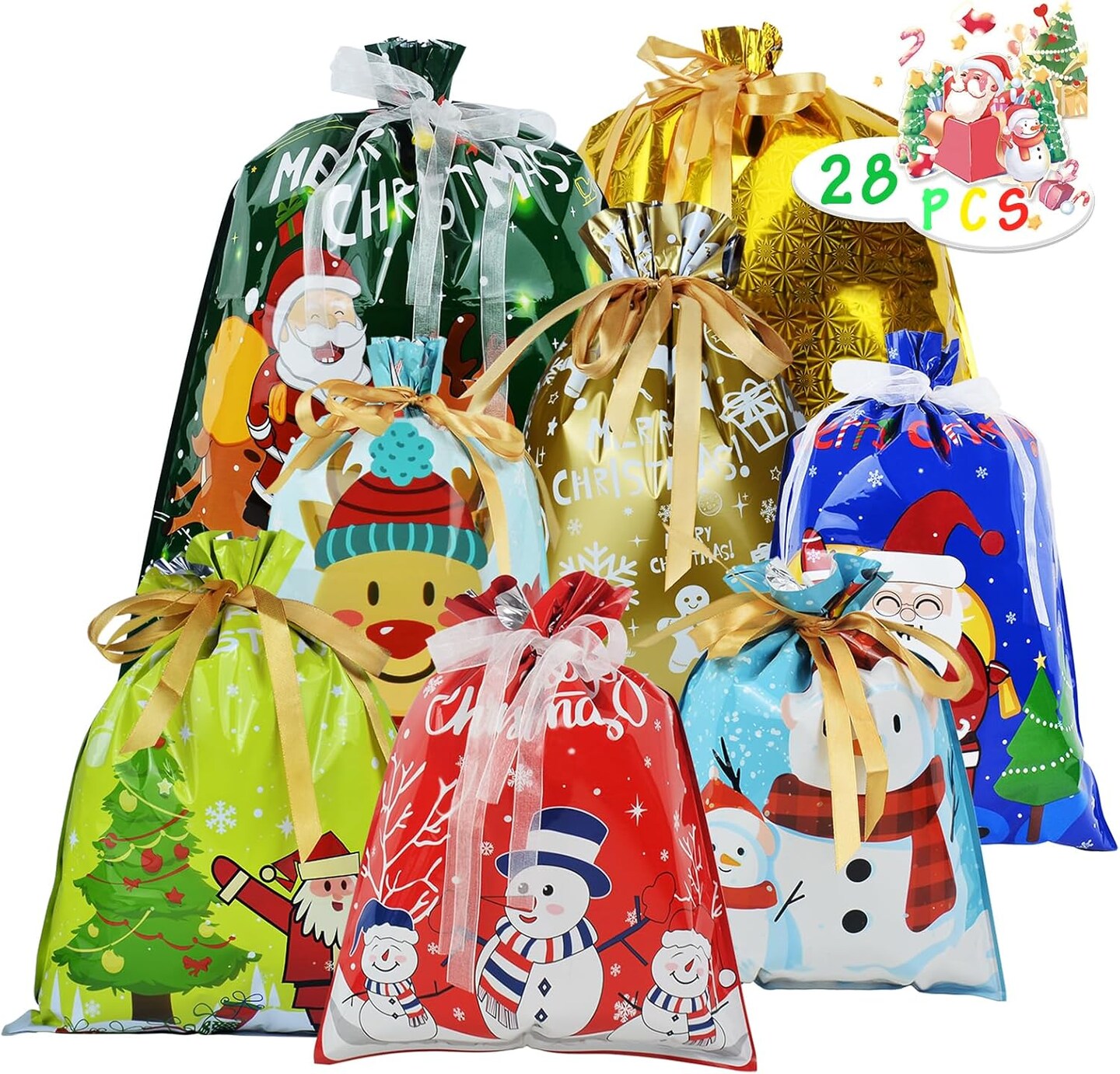Christmas Drawstring Gift Bags, 28PCS Assorted Sizes Santa Wrapping Bag with Ribbon Tie in 4 Sizes and 8 Designs for Xmas Holiday Presents Party Favor Goody Bags Jumbo/Extra Large/Medium/Small