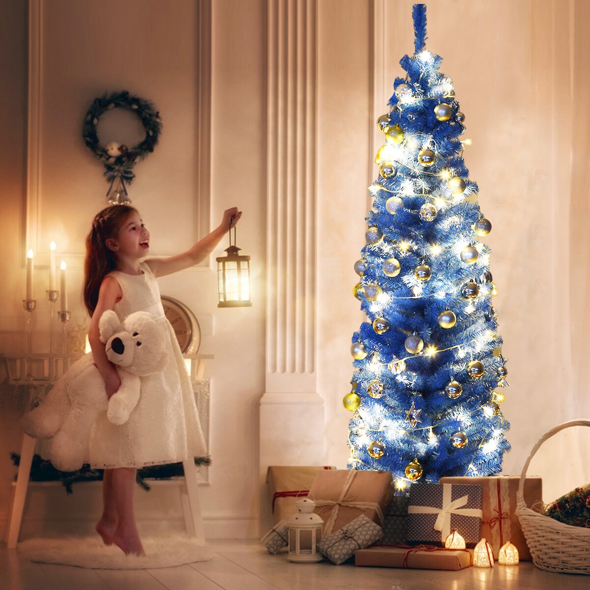 Costway 6FT Tinsel Tree Slim Pencil Christmas Tree Silver Champagne Goldblue