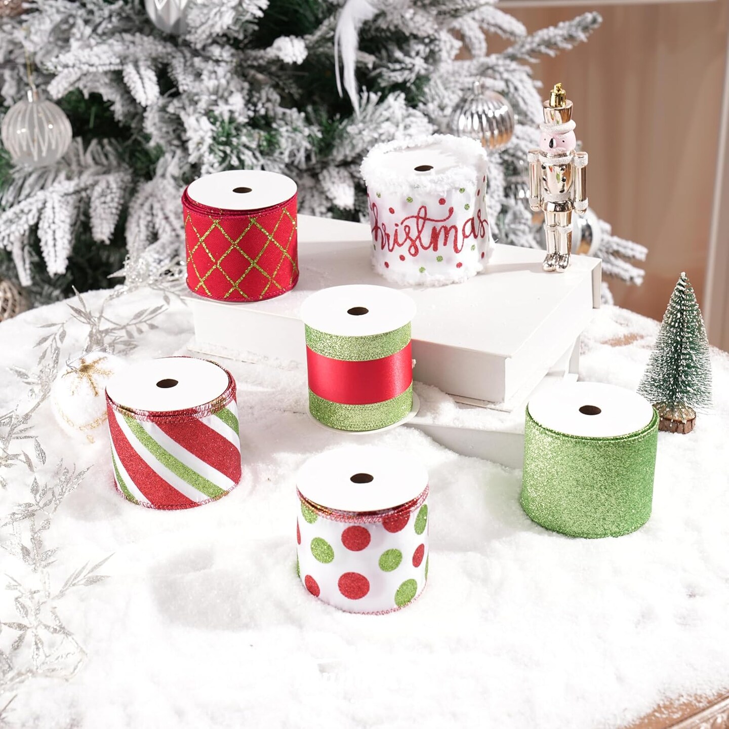 Red and Lime Green Christmas Ribbon Wired 2.5&#x22; Red Green Christmas Tree Ribbon Garland Red Green Wired Ribbon for Wreaths, Topper Bows, Gift Wrapping, Crafts (6 Rolls 36 Yards)