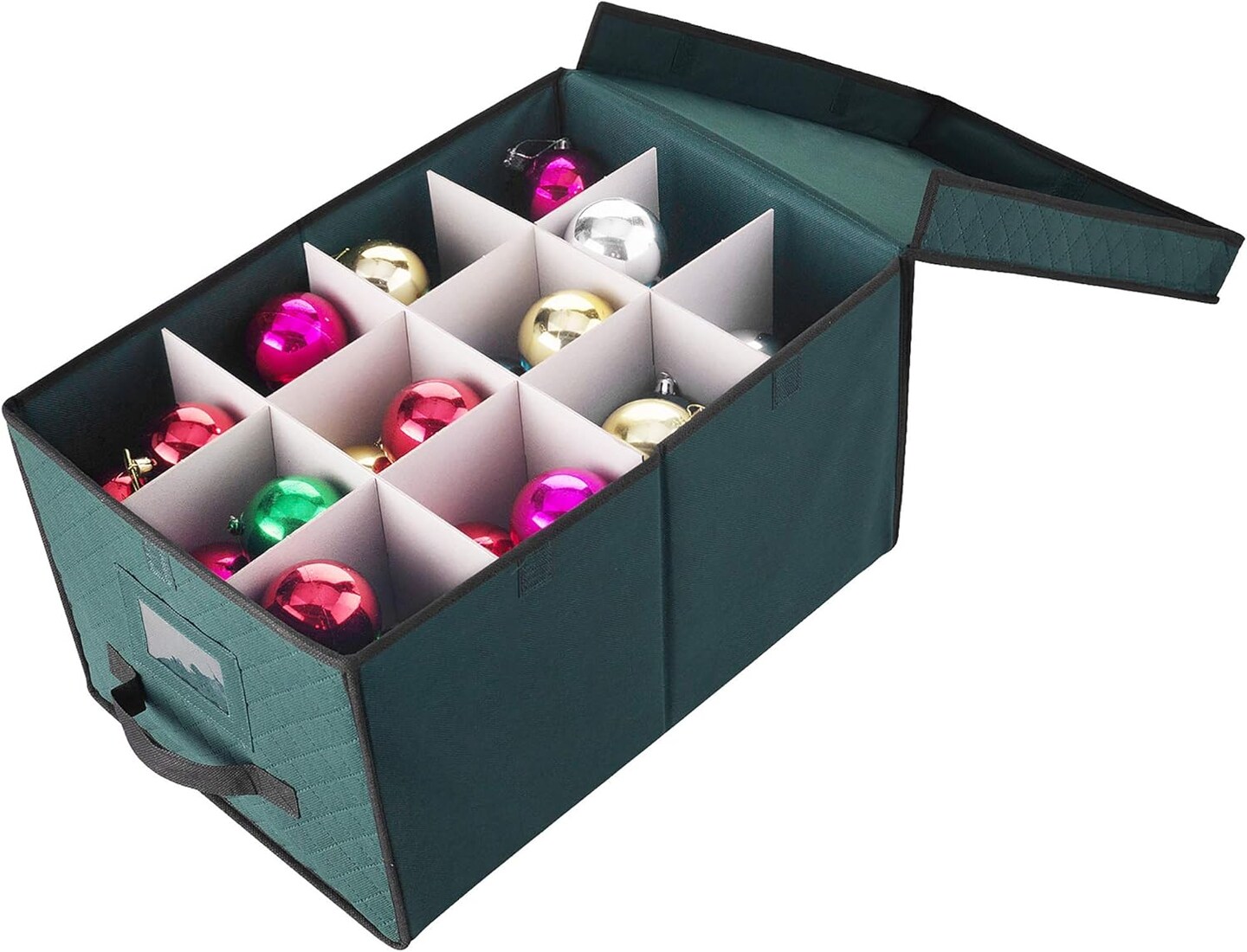 Ornament Storage Box-Green Holiday Organizer Cube- 24 Individual 4&#x201D; Compartments &#x26; Dividers-Flip Top Lid-For Christmas Bulbs &#x26; Decorations