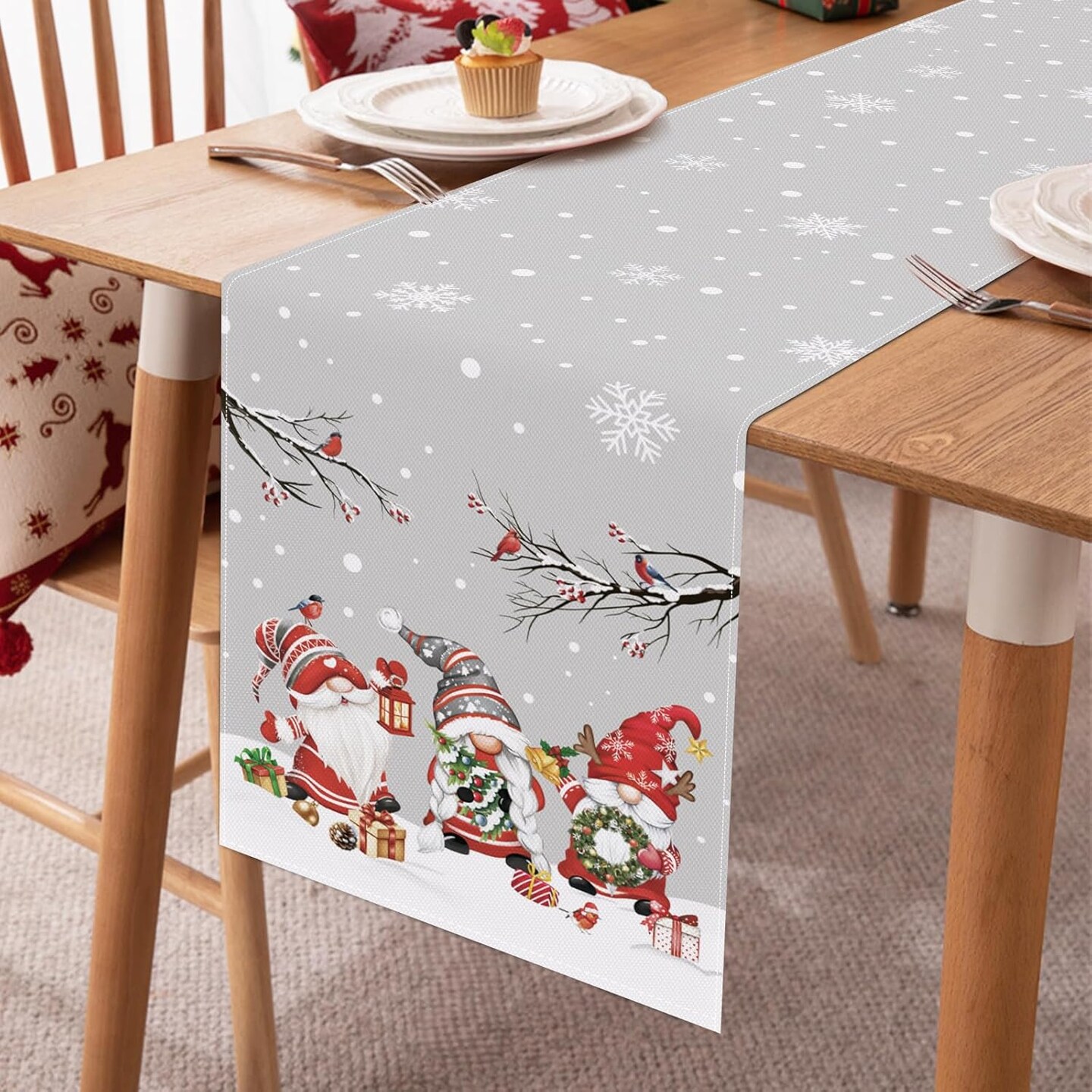 Grey Christmas Gnome Table Runner, Seasonal Winter Snowflake Xmas Holiday Table Runner for Party Kitchen Home Decor, 13x72 Inch Gnomes Christmas Home Decorations Table Runner