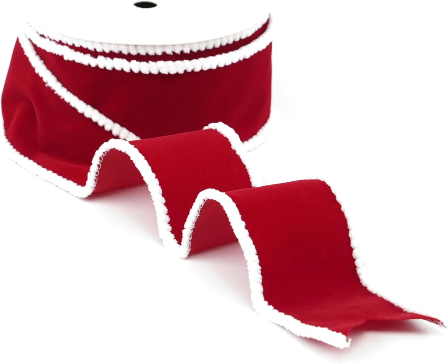 2.5 Inch Red Velvet Wired Ribbon with White Snowy Edge for Gift Wrapping, Floral Craft, Christmas Ribbon, Tree Decorations, Bows, Home Decor, 10Yards