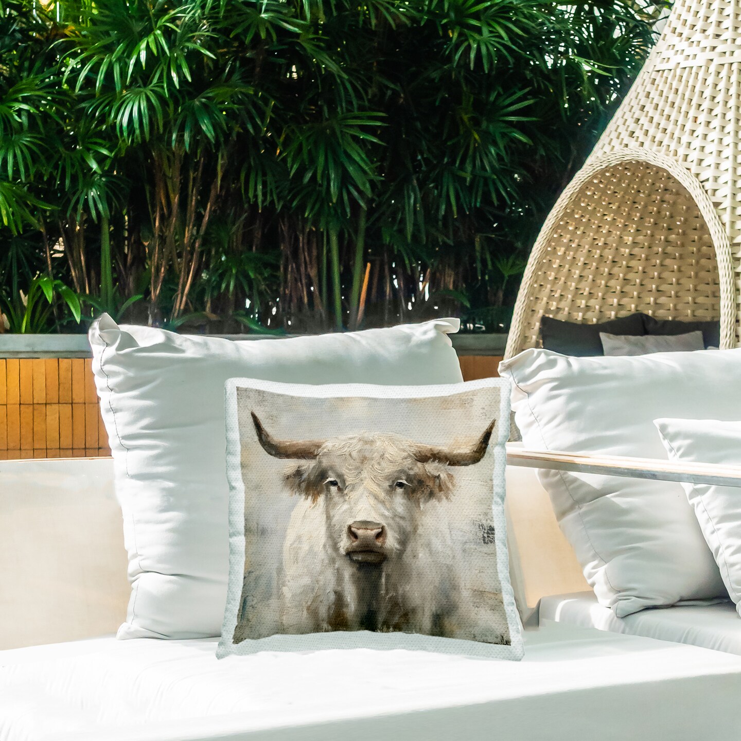 Fluffy Longhorn Cattle Outdoor Printed Pillow Design by Steve Huntziker, 18 x 7 x 18