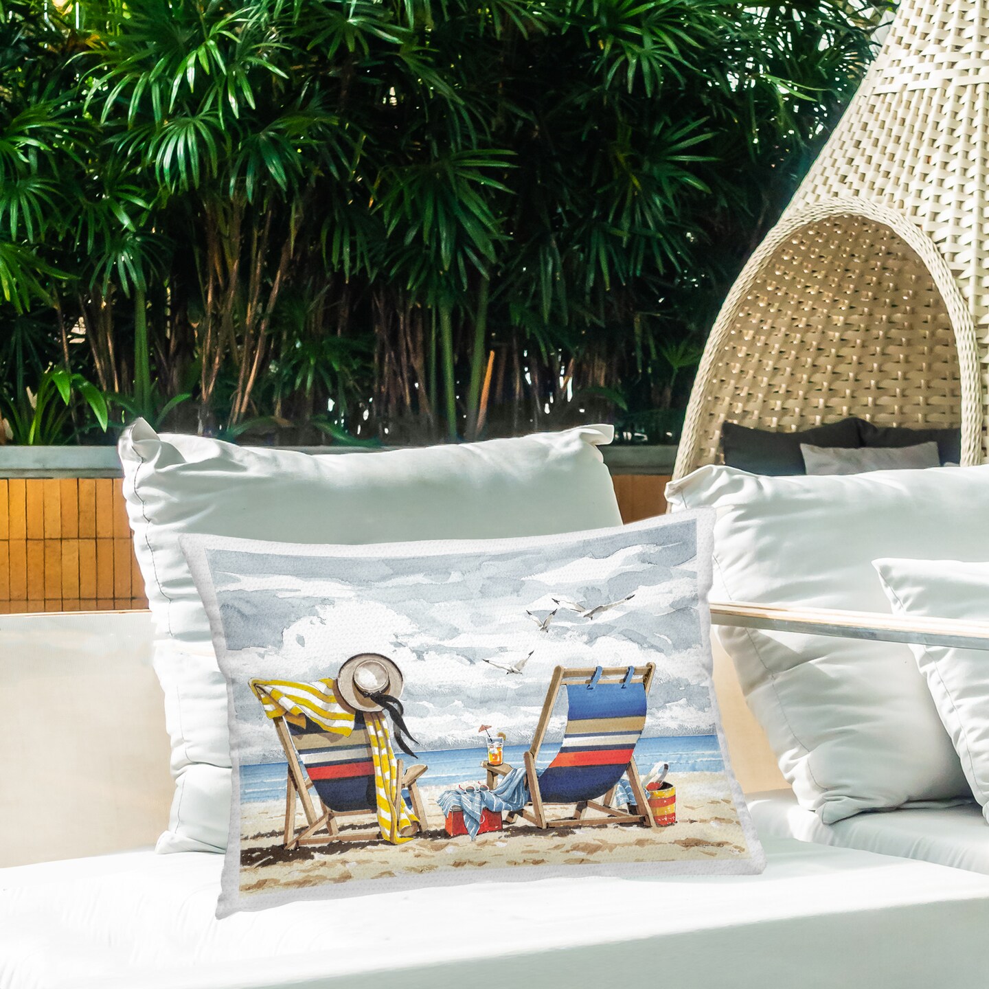 Peaceful Beach Chairs Hangout Outdoor Printed Pillow Design by John Rossini, 14 x 7 x 20