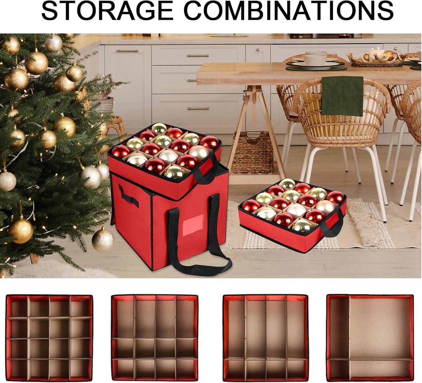 Christmas Ornament Storage Box with Dividers, Christmas Balls Storage Containers with Zipper &#x26; 4 Removable Trays - Holds Up to 64 Balls - 600D Oxford Christmas Decoration Storage Organizer, Red