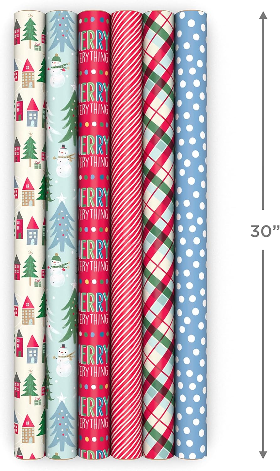 Cute Recyclable Christmas Wrapping Paper (6 Rolls: 180 Sq. Ft. Total) Red, Blue, Green Plaid, Merry Everything, Colorful Houses, Snowmen and Trees, Dots, Stripes