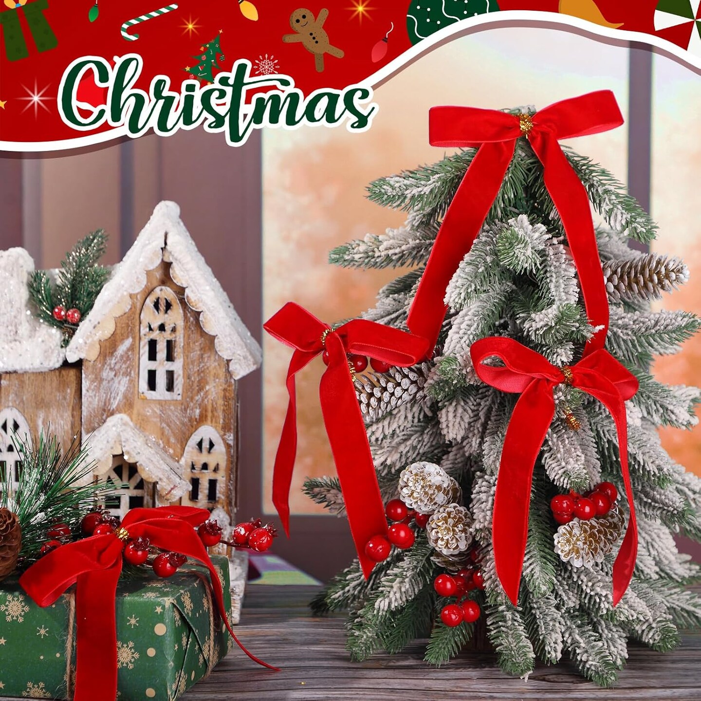 30 Pcs 6 x 8 Inches Velvet Christmas Bow, Rustic Crafts Gift Bows for Christmas Tree, Christmas Garland, Large Gifts, Parties, Indoor or Outdoor Christmas Decorations(Red)