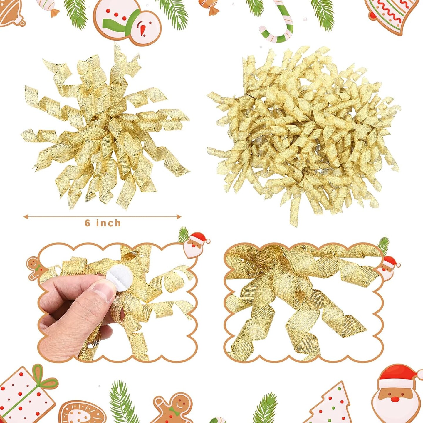 24 Pcs Bows for Gift Wrapping, 6 Inch Christmas Curly Burst Bow Self Adhesive Glitter Gift Bows for DIY Crafts Christmas Birthday Wedding Party Favors Decorations (Gold)