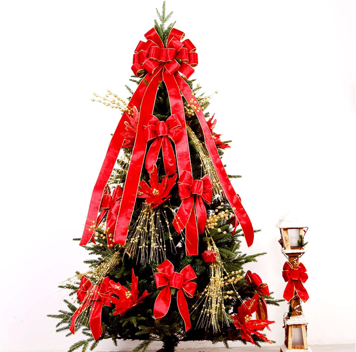 Christmas Large Bows Gift Box Packaged, Christmas Tree Topper, 45x11 Inches Gold Wired Red Velvet Bows for Wreath Floral, Outside Bowknot for Wedding Birthday New Year Car Garden Door