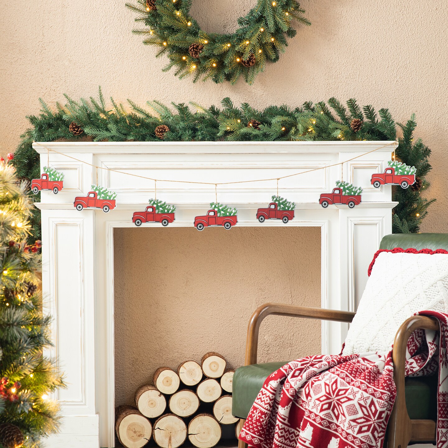 Set of 2 6''L Metal Jute Strand Adorned Garlands With 8 Red Trucks