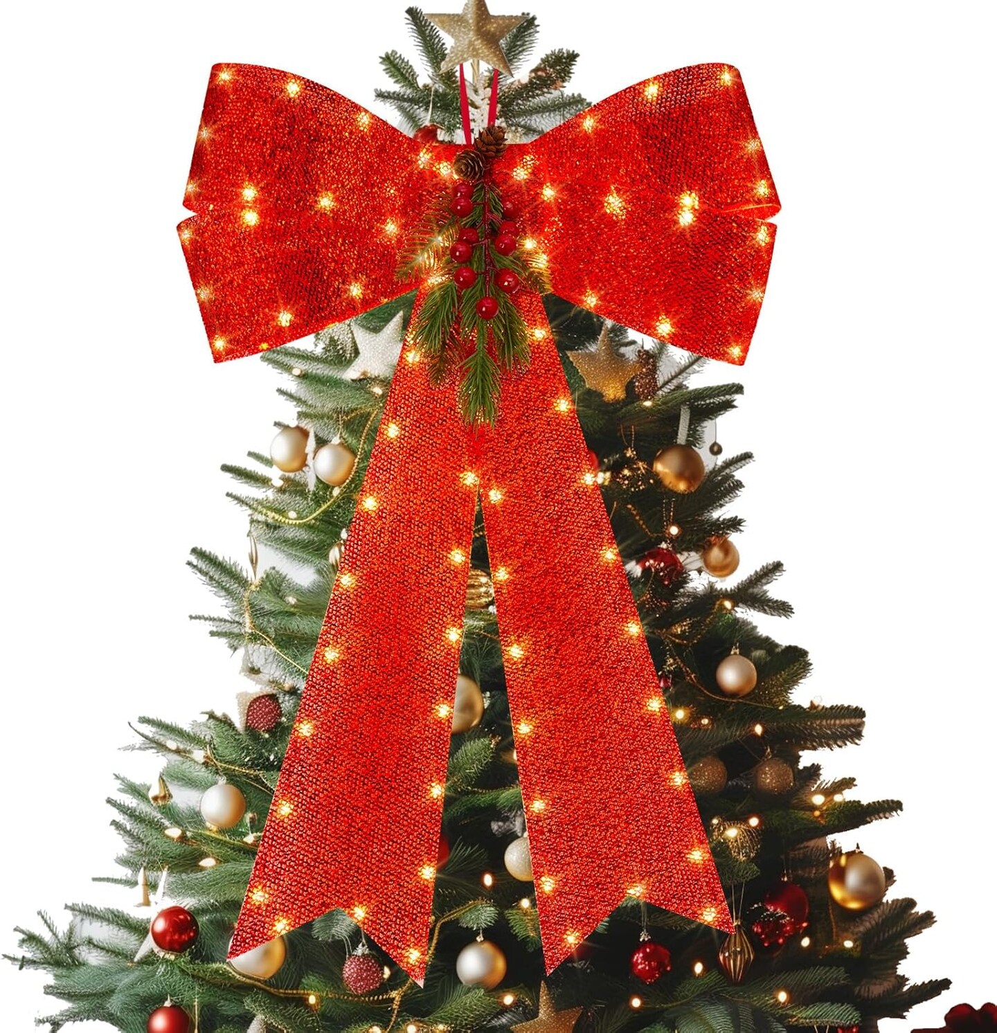 LED Red Bows Christmas Decorations, 16&#x27;&#x27; x 24&#x27;&#x27; Christmas Bows for Wreaths with Timer, Tree Topper Bow with Realistic Red Berries Pine Cone Needles for Christmas, Party, Home Decoration