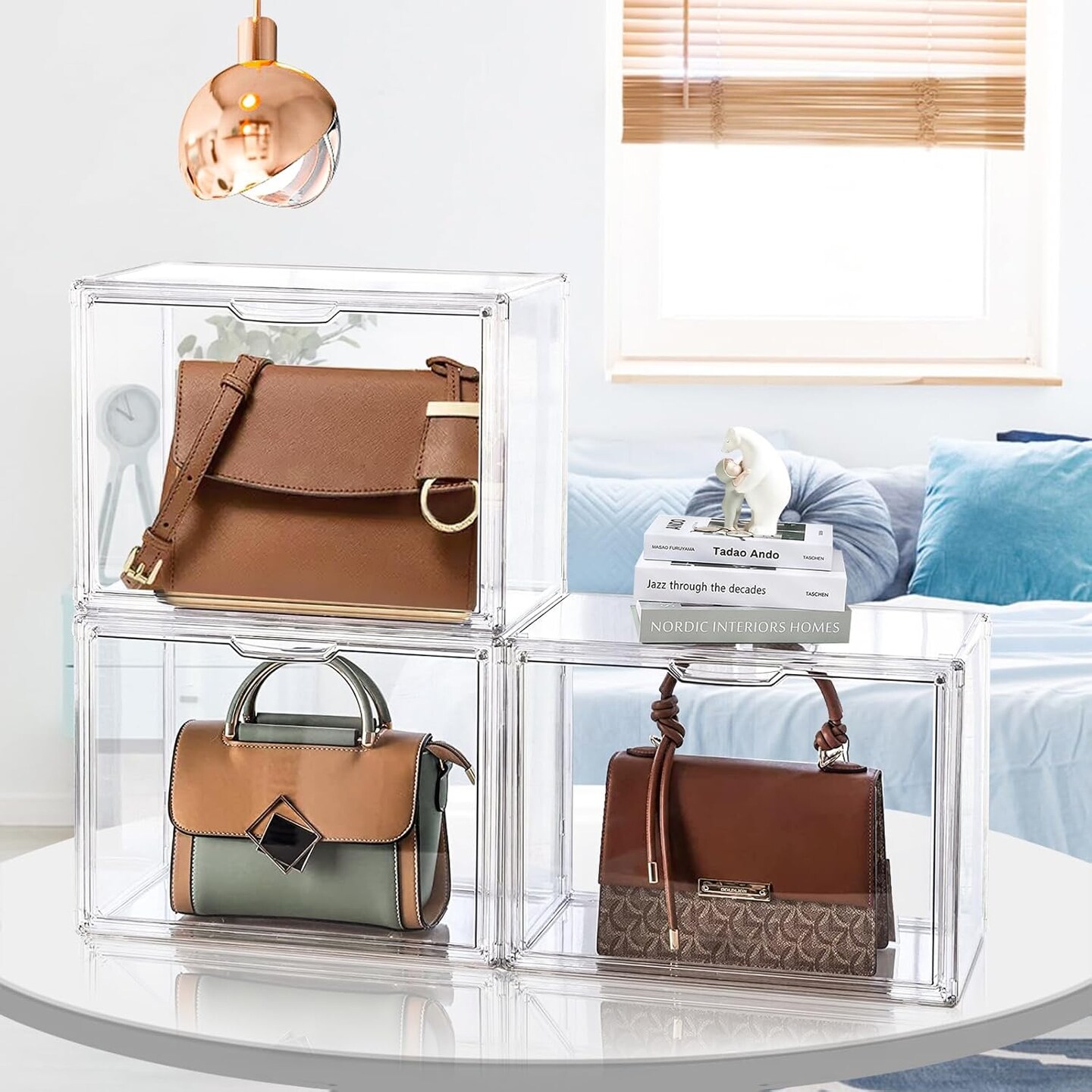 4 Packs Clear Plastic Handbag Storage Organizer for Closet, Acrylic Display Box for Handbag, Stackable Storage Boxes Bag Organizer with Magnetic Door for Small Purse Clutch Wallet Book Hats