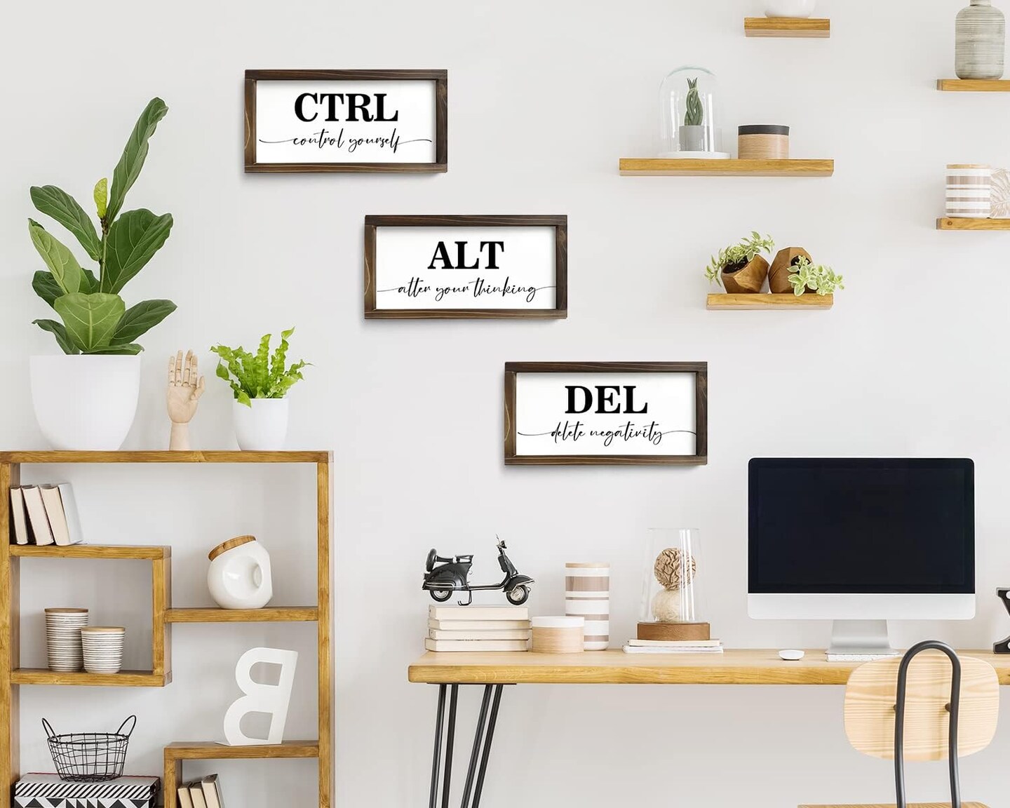 Rustic Wooden Office Decor - CTRL ALT DEL Framed Motivational Wall Art - Inspirational Positive Quotes Wall Hanging, Set of 3 (6&#x22;x12&#x22;x3)