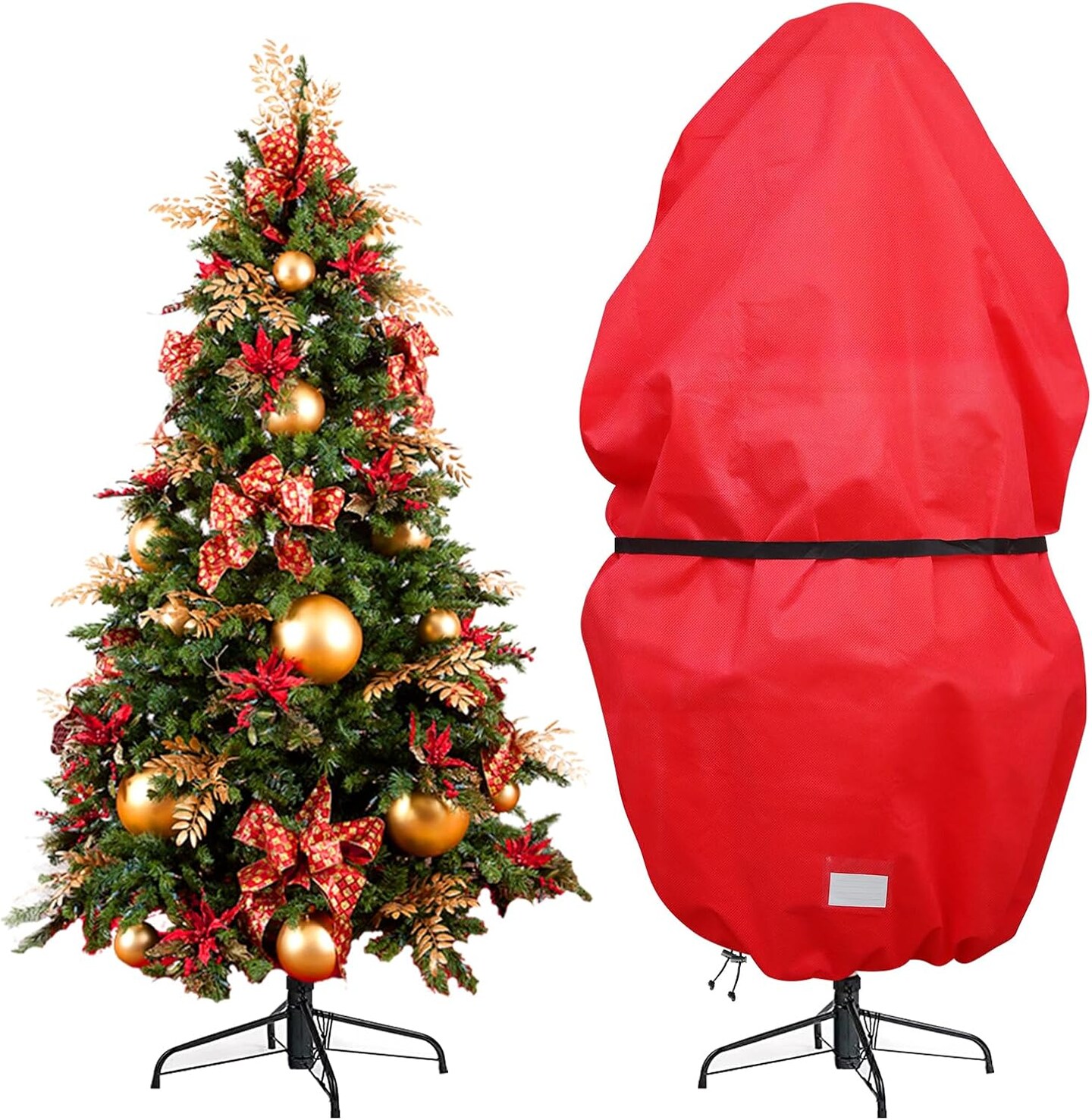Upright Christmas Tree Storage Bag with Adjustable Straps, Xmas Tree Cover with Zipper & Drawstring for up to 7.5 Foot Artificial Tree Standing with Ornaments, Dustproof - Red